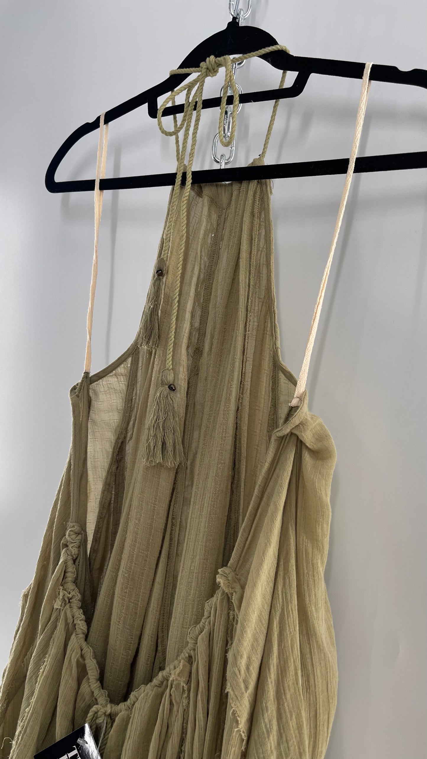 Free People Olive Sage Gauze/Cotton Halter Backless Dress (M)