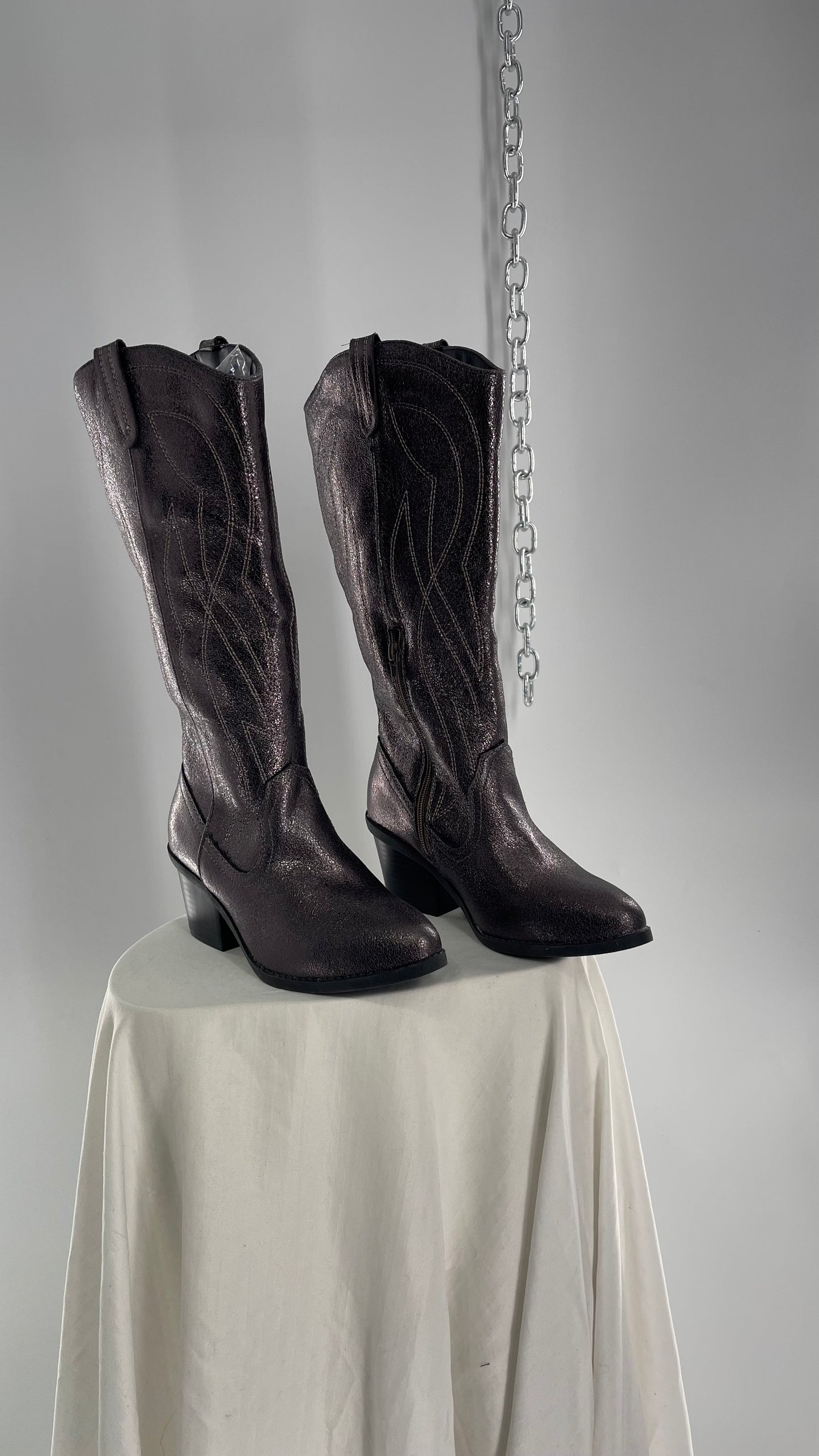 Vintage POP Metallic Silver Knee High Cowgirl Boots with Pointed Toe (6)