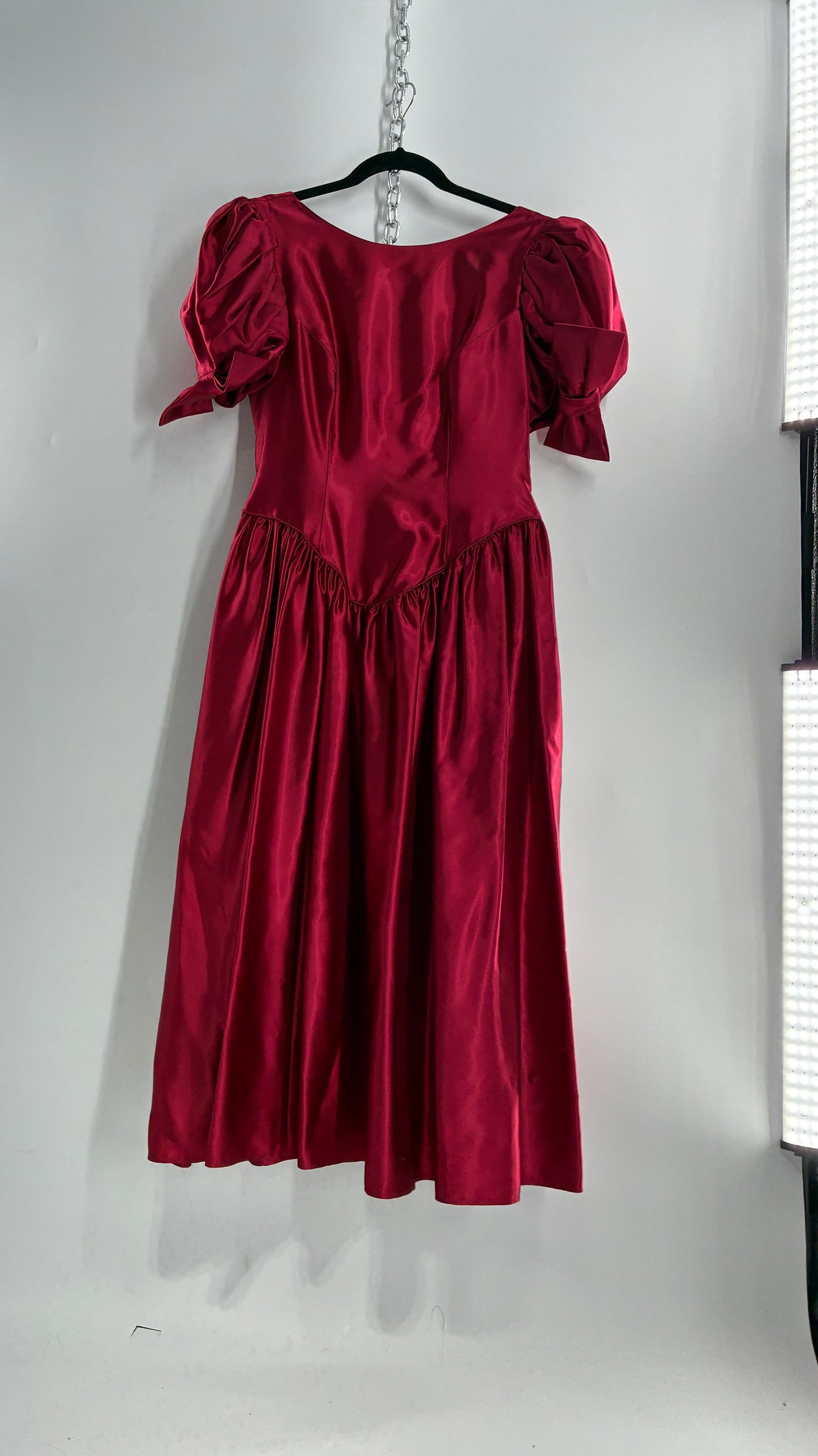 Vintage Red Silky Satin Corset Style Dress with Sweetheart Neckline, Puff Sleeves, Oversized Bow Bum, Open Back and Draping Pearls (10P)
