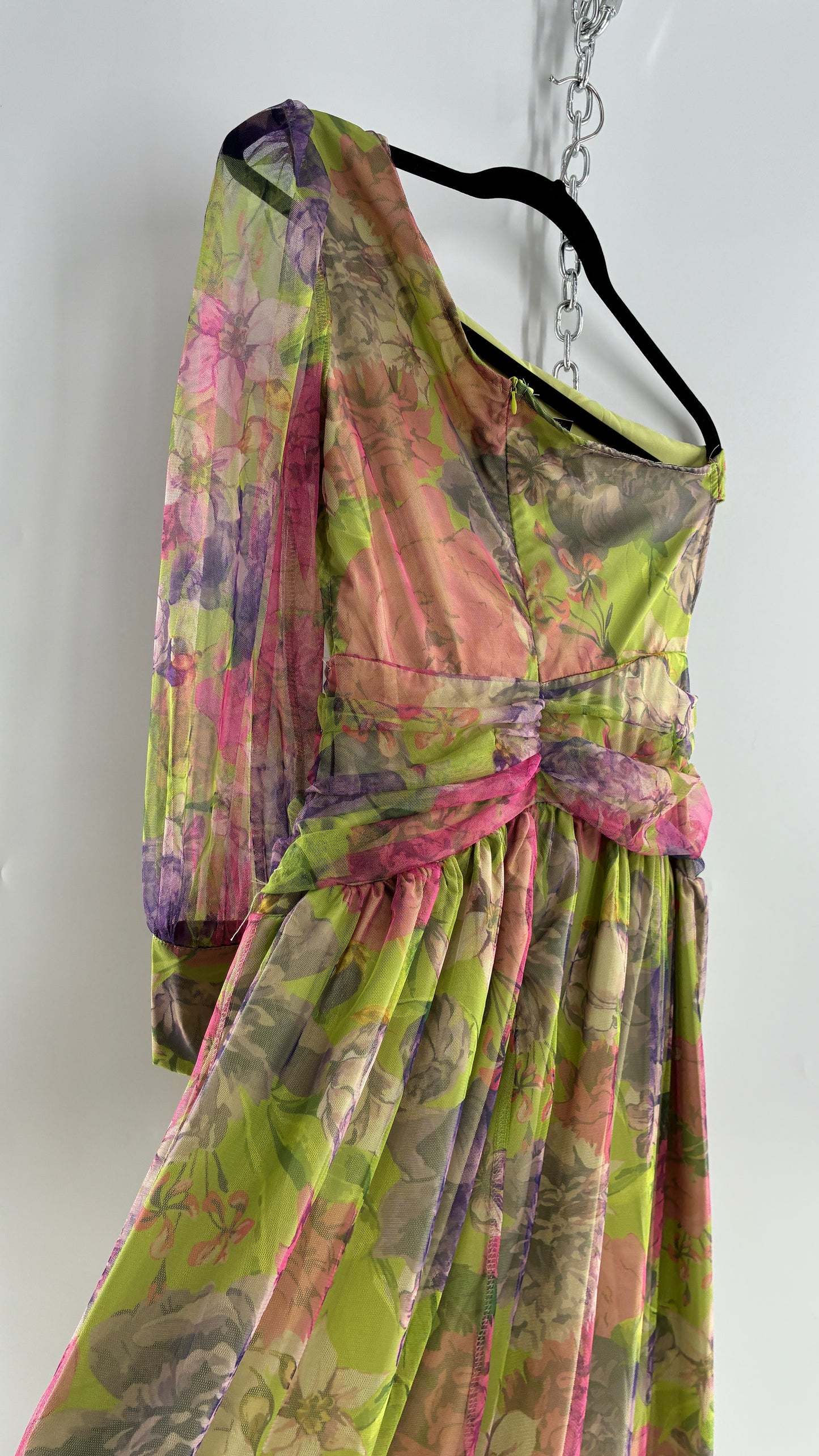 Vintage Open Waist Gown with Oversized Feathered Appliqué Rosette (Large)