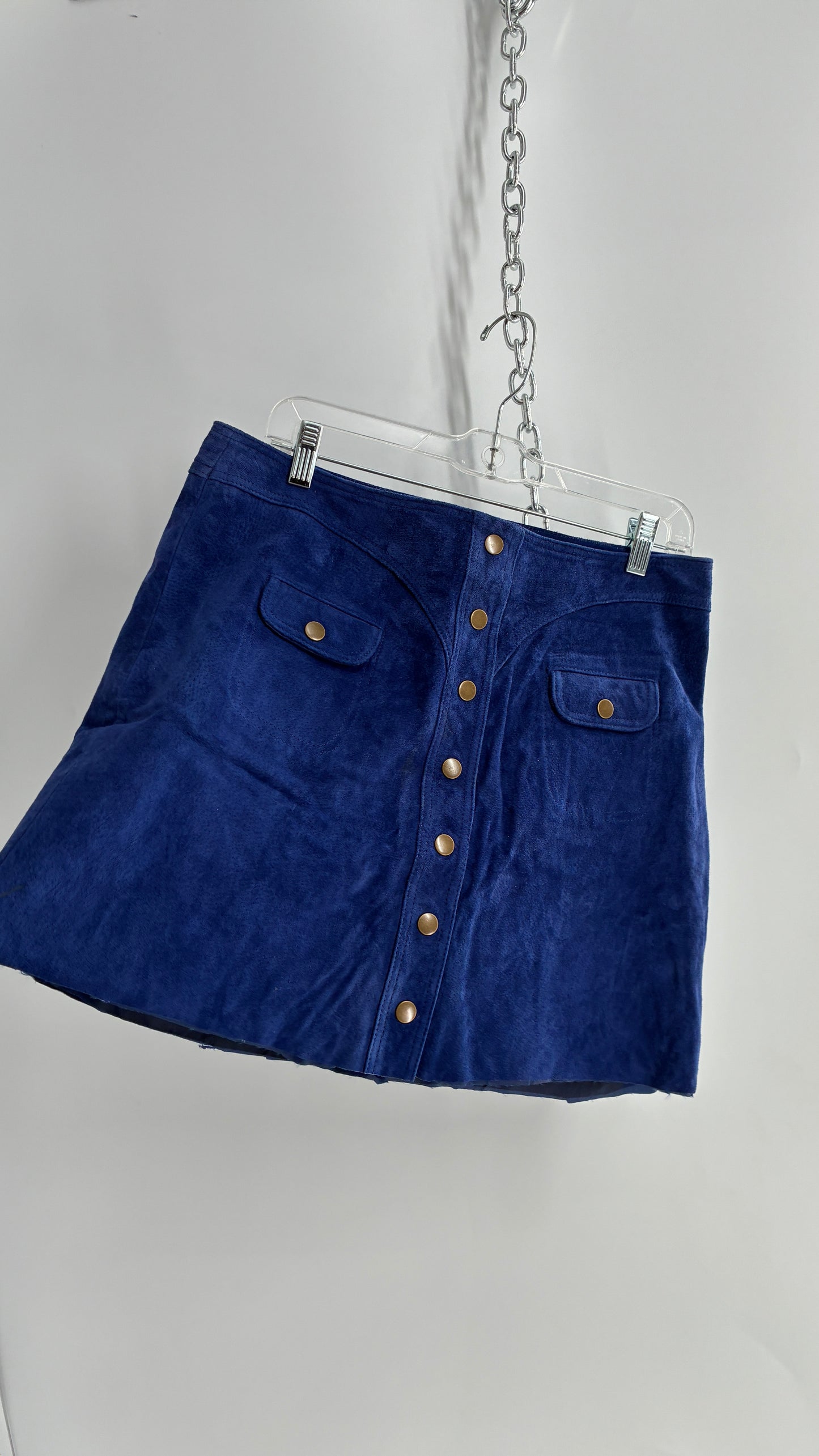 Anthropologie Royal Blue Suede Leather Button Front Skirt with Pocket Details and Vintage Stitching (12P)