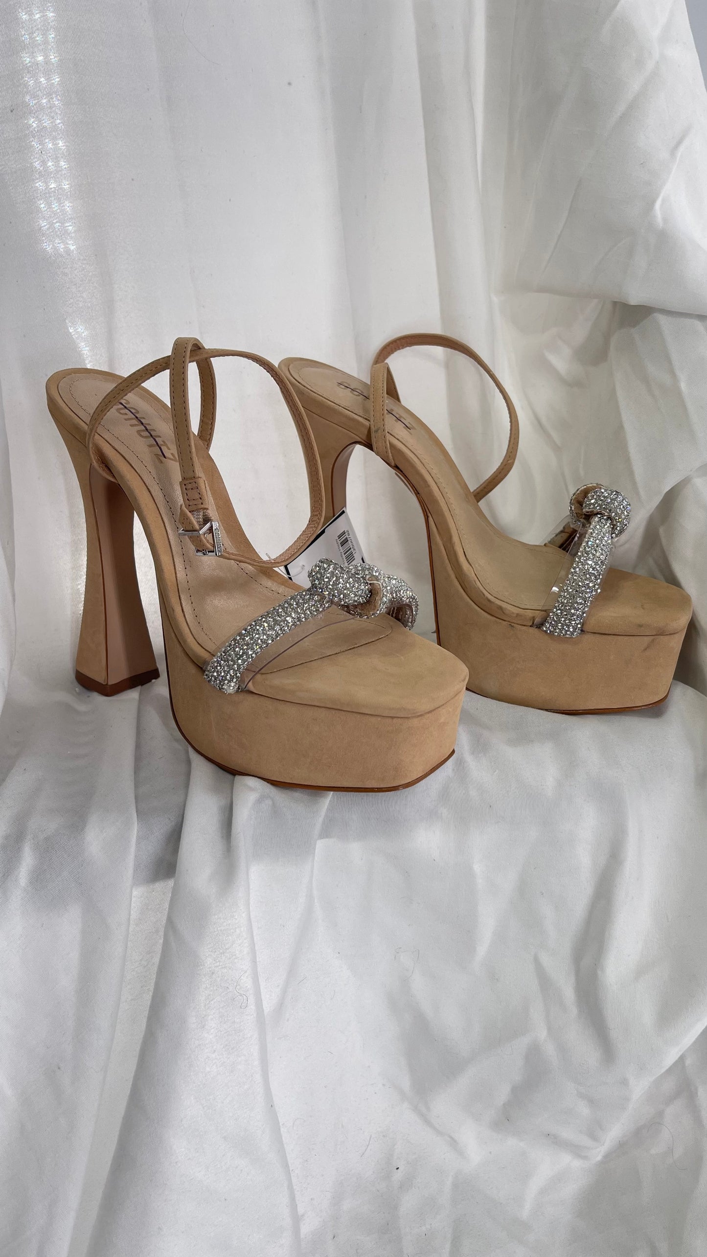 SCHÜTZ Peaky Beige/Tan/Nude Platform Heel with Funky Heel and Clear Knot Rhinestone Toe Strap (6)