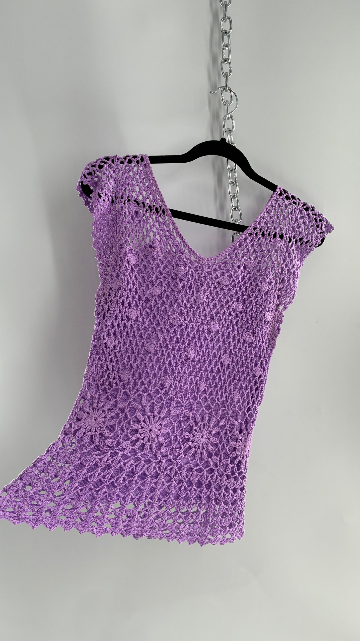 Vintage Lilac/Lavender Handmade Crochet Short Sleeve Double Layered Blouse with Rosette (S/M, stretchy)
