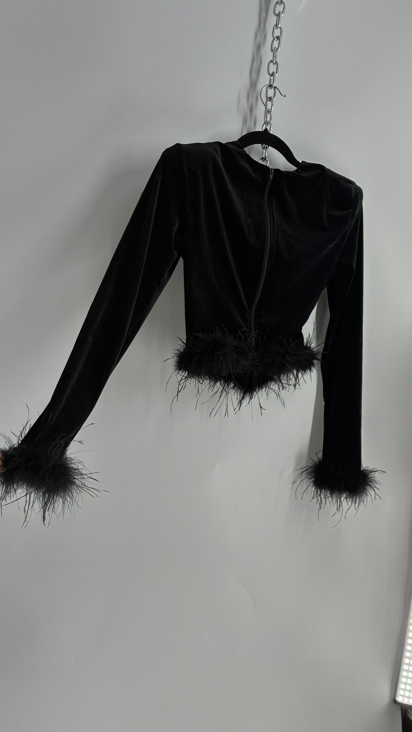 Vintage VICI Black Draped Long Sleeve with Ostrich Feather Hems and Cuff (XS)