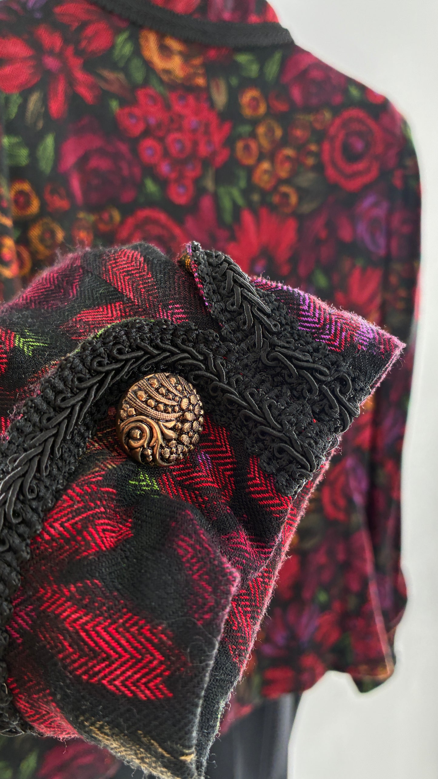 Vintage Suit Set with Gold Button, Deep Floral Blazer and Pleated Upcycled Mini Skirt (6)