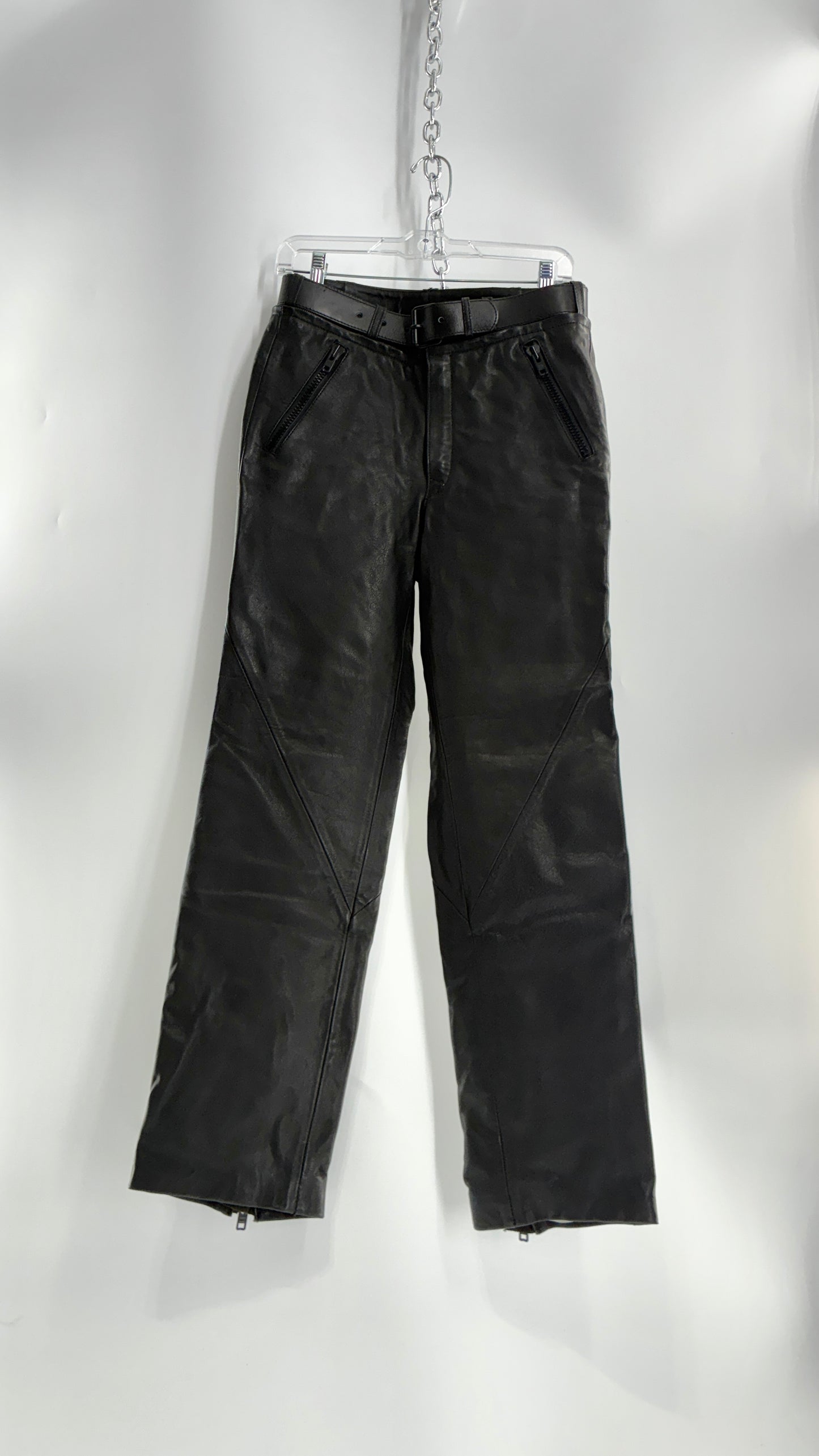 Vintage Black Italian Leather Motorcycyle Pants with Built In Belt and Zipper Detailing (XS)