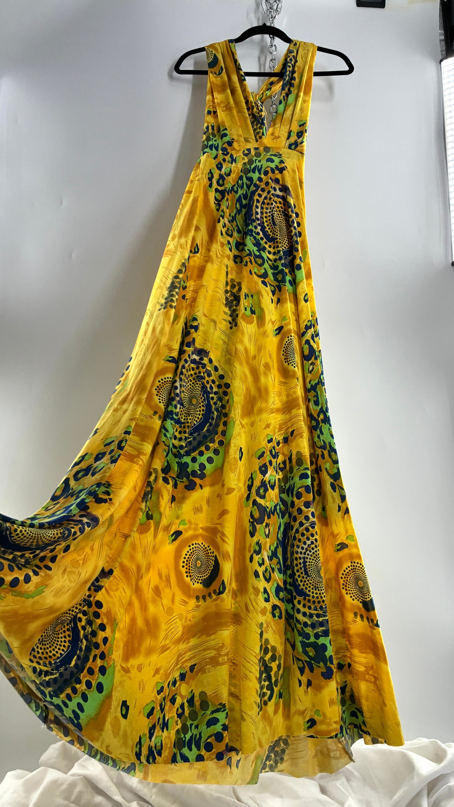Vintage NARCISA LANG Lycra Full Length, Backless Yellow Dress with Graphic Pattern (XS/S)