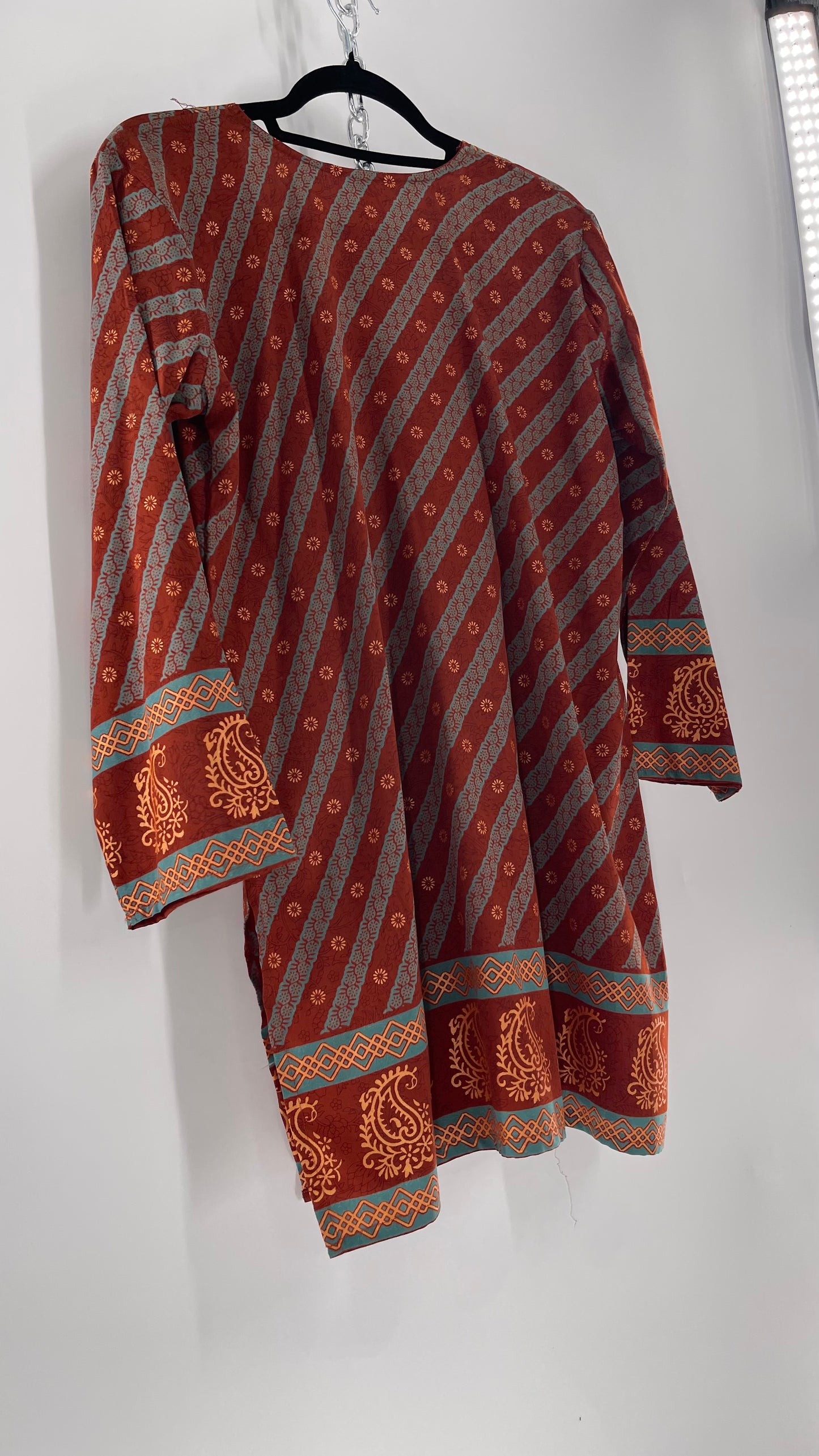 Vintage 1970s Indian 100% Silk Tunic Burnt Orange, Teal and Gold (40)