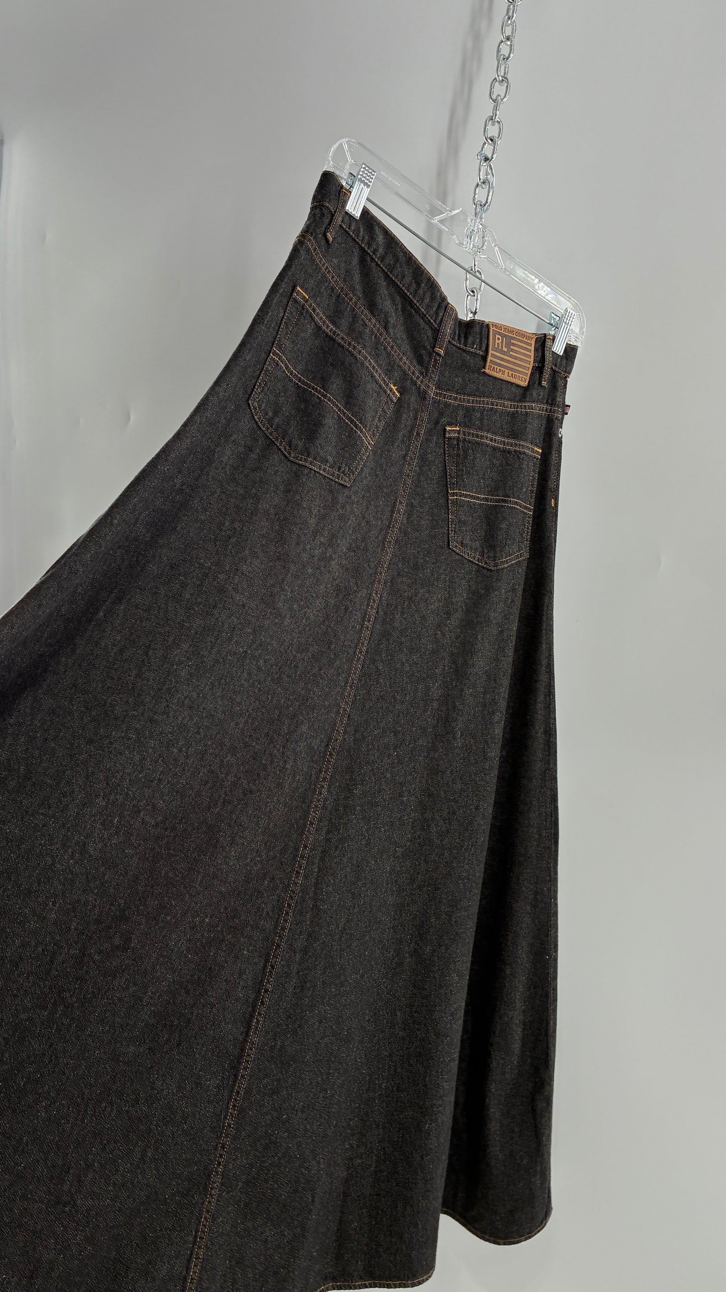 Vintage Ralph Lauren 100% Cotton Dark Wash Denim Full Length Skirt (6)