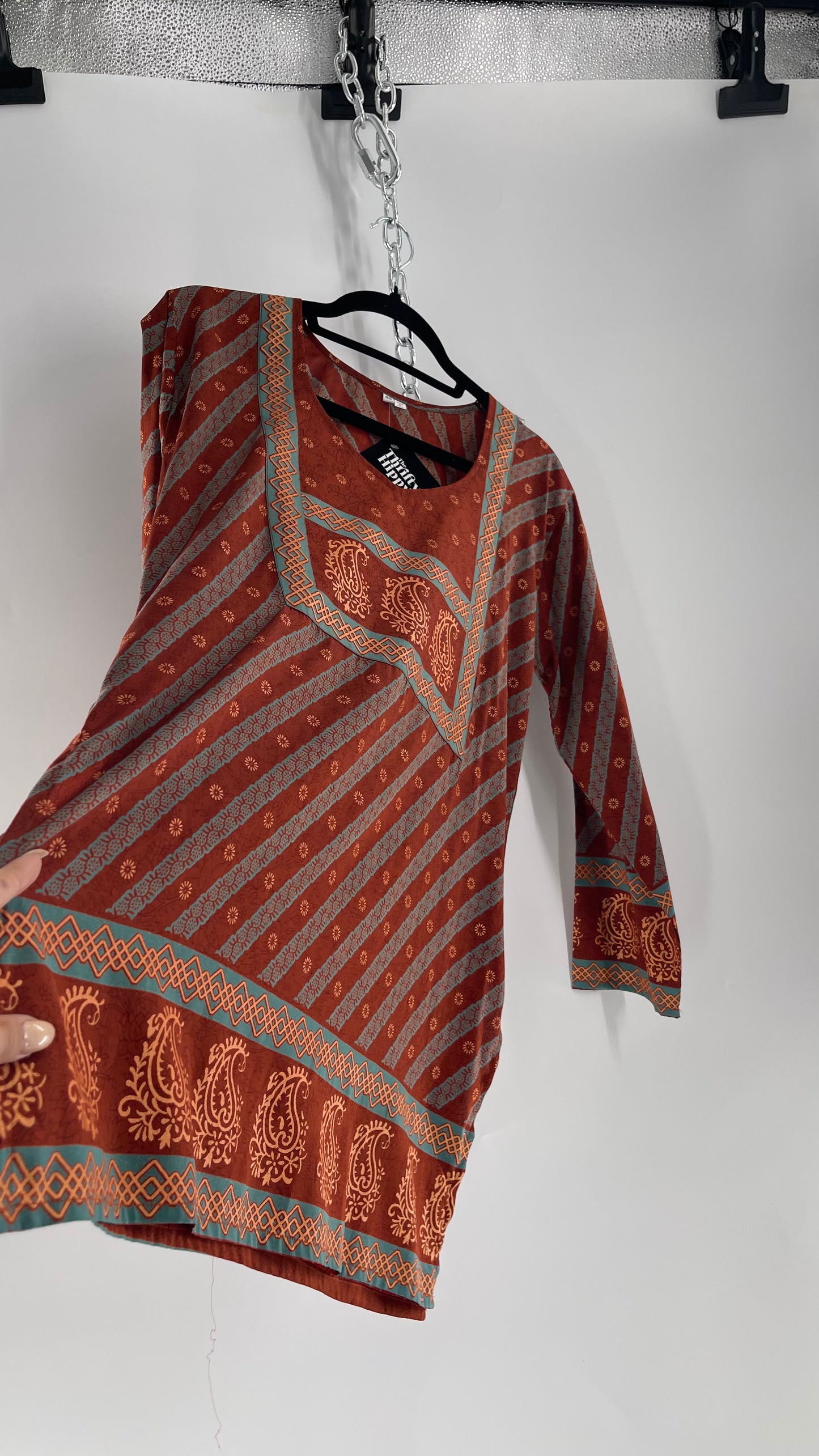 Vintage 1970s Indian 100% Silk Tunic Burnt Orange, Teal and Gold (40)