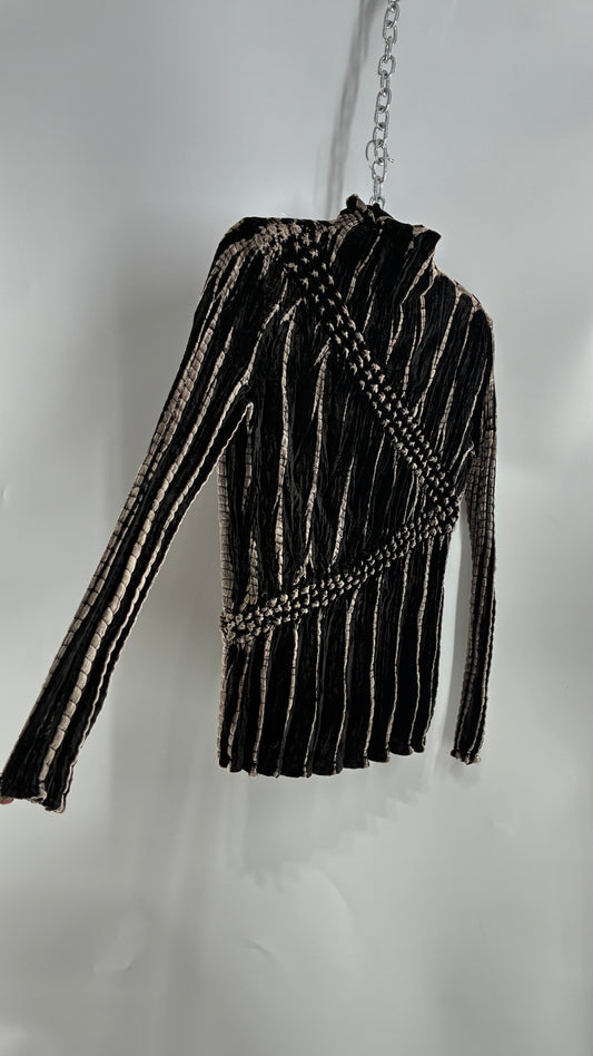Vintage 1990s Crushed Velvet Black and Beige High Neck Blouse (Small)