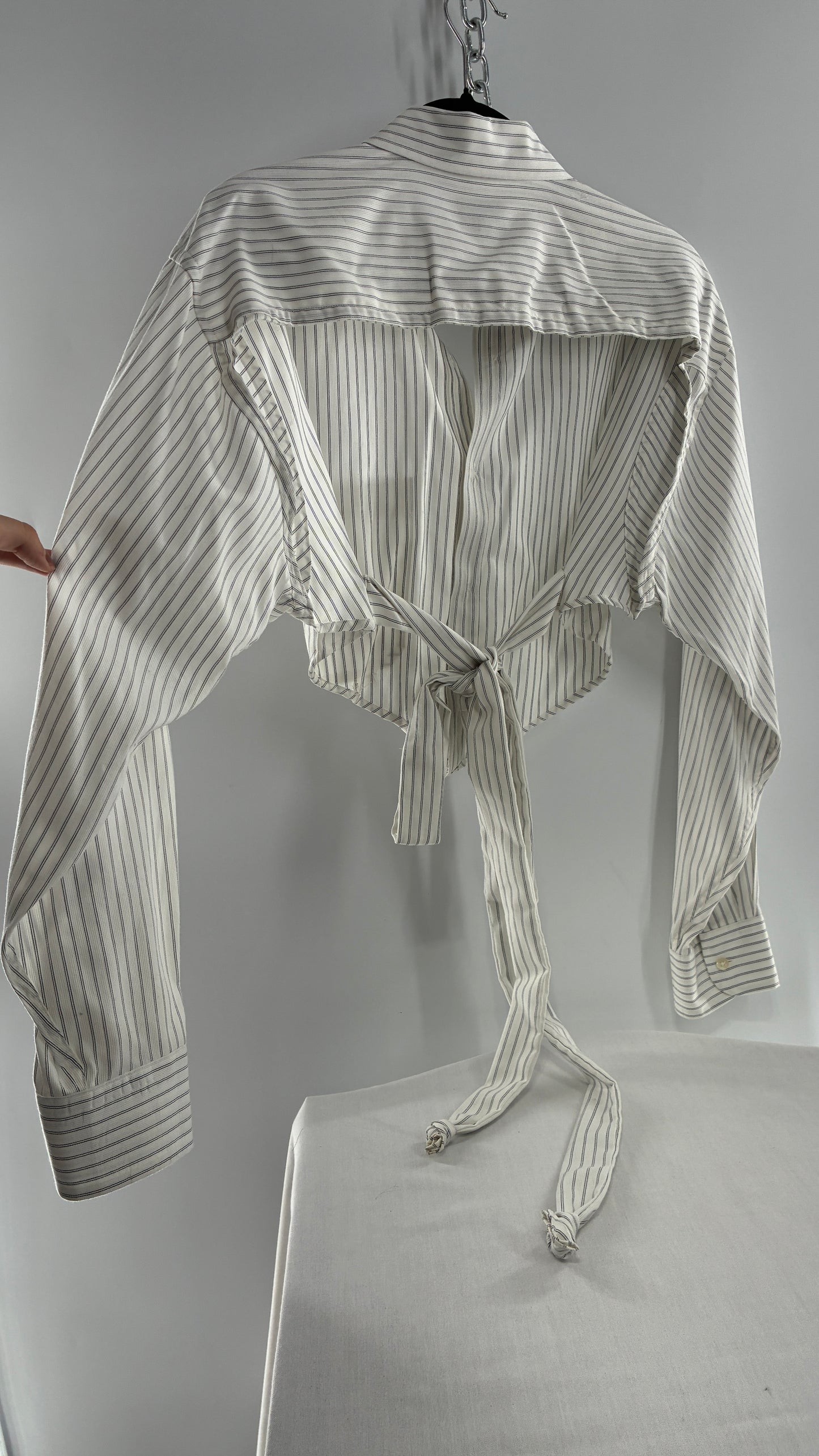Vintage CALVIN KLEIN Reworked Button Front Backless White Striped Blouse (One Size)