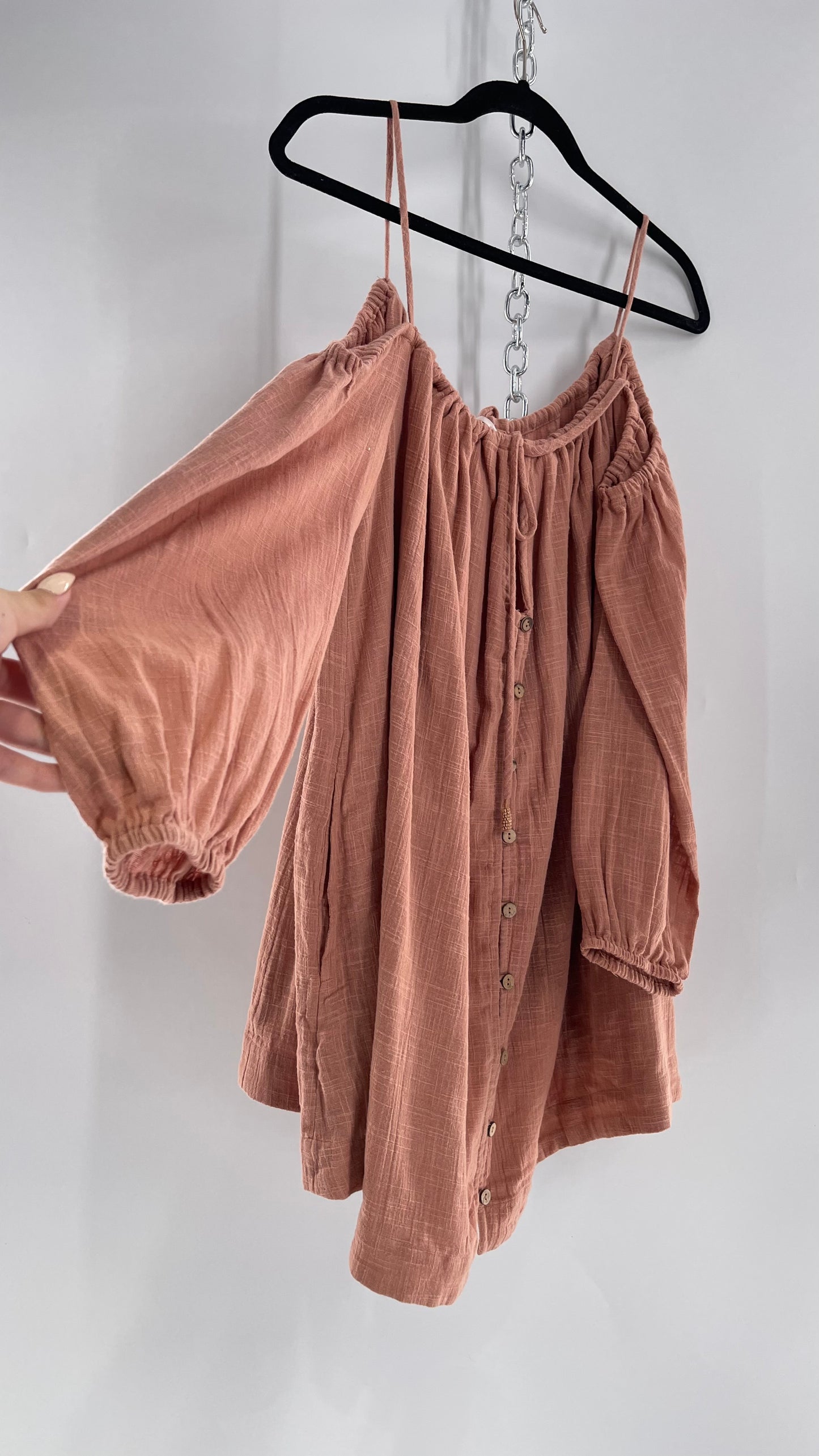 Free People Cotton Blush Pink Button Front Cold Shoulder Dress (Medium)