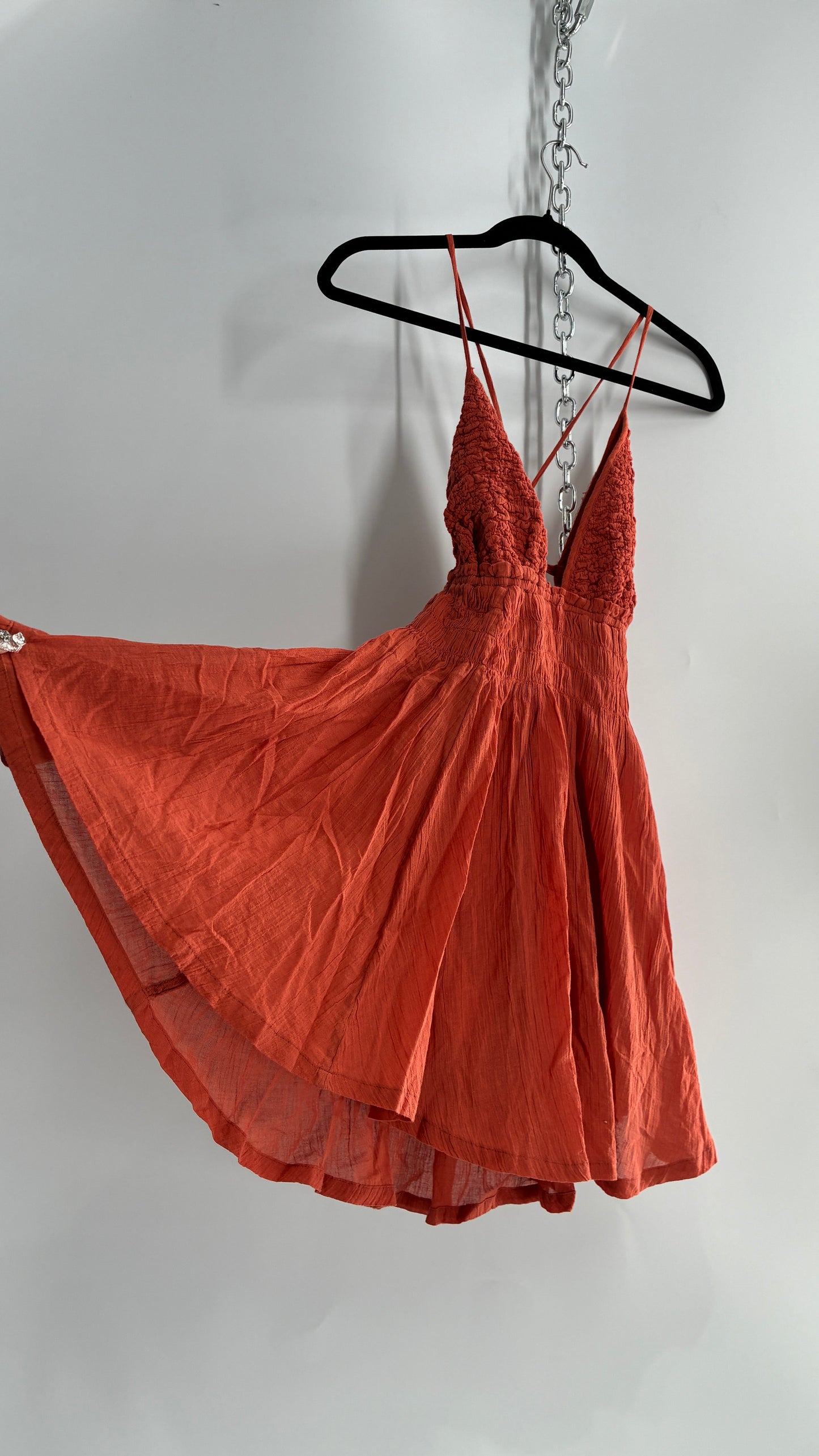 Free People Burnt Orange Smocked Bust Voluminous Mini Dress (Small)