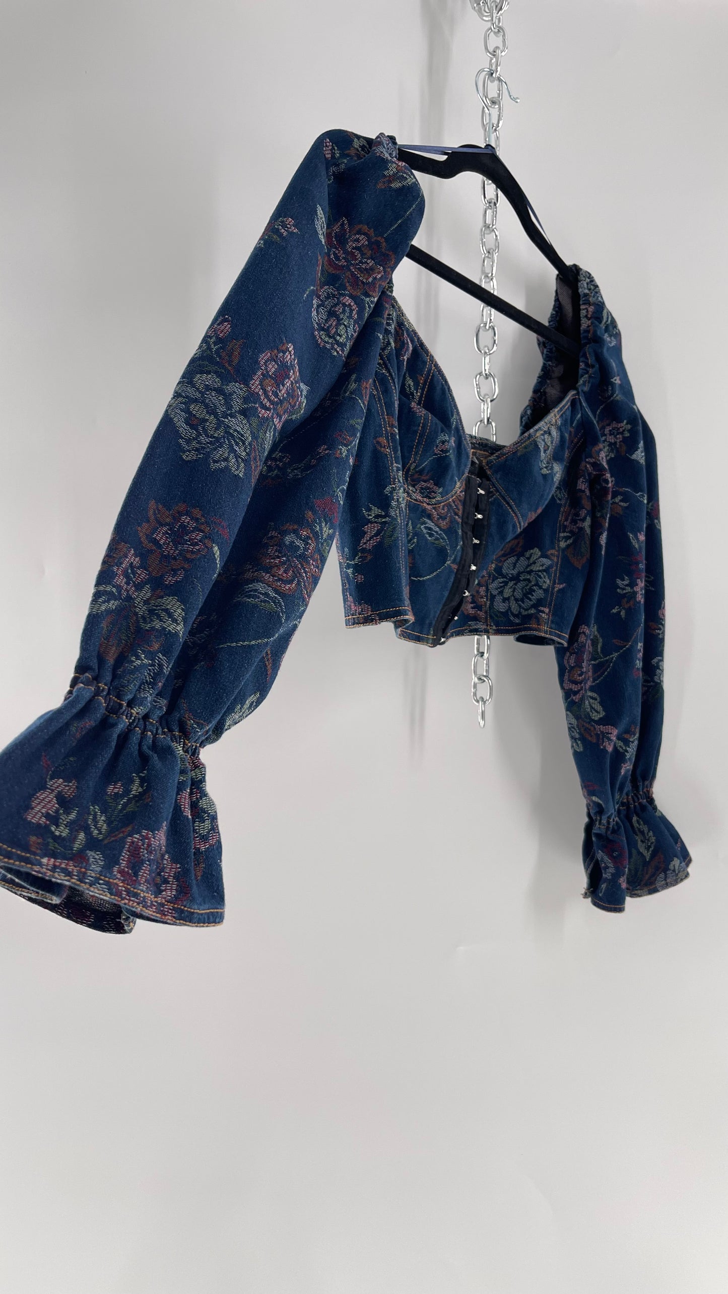 Urban Outfitters Denim Cropped Corset Grommet Balloon Sleeve Blouse (Large)