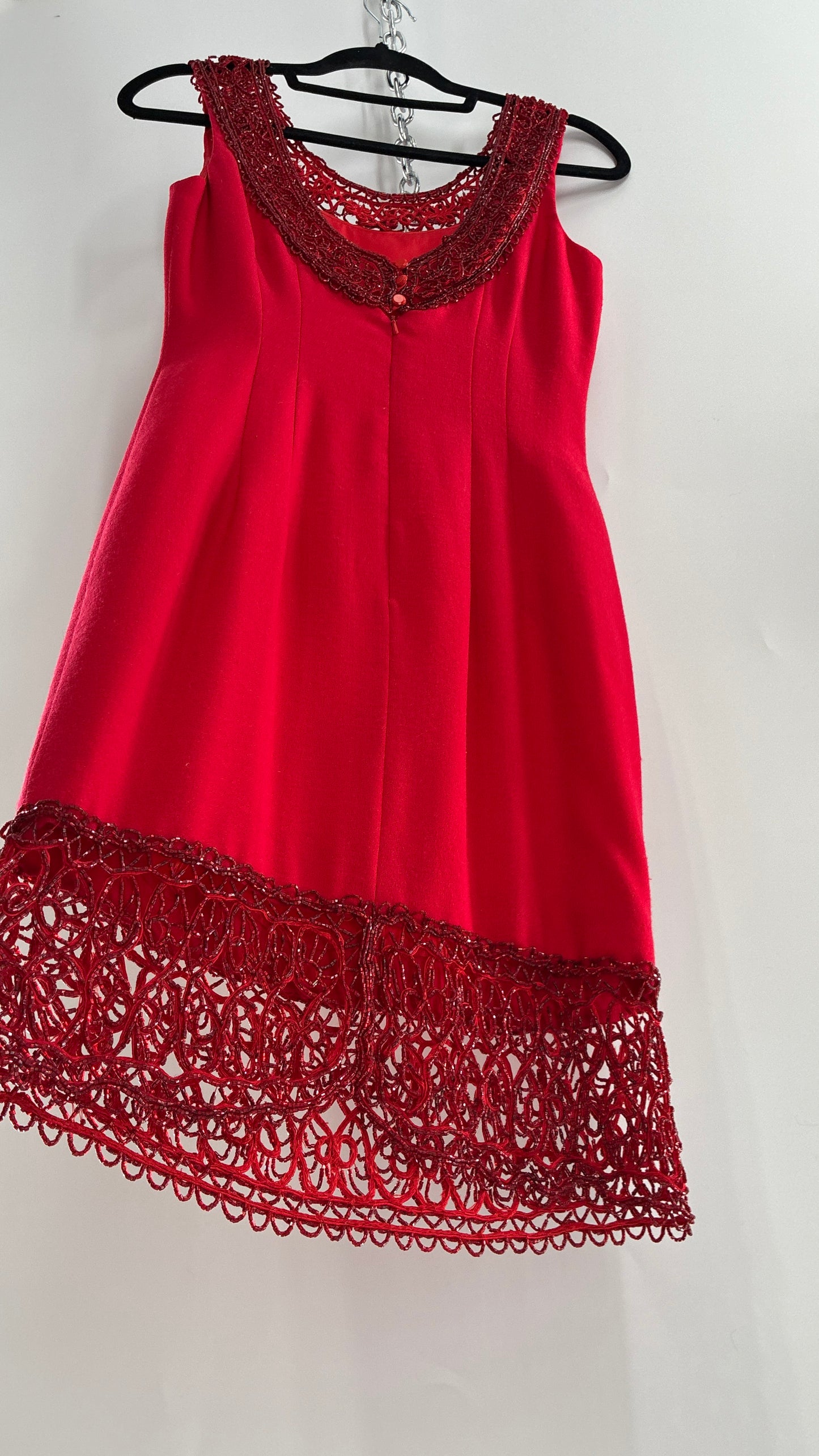 Vintage CARMEN MARC VALVO Red 100% Fitted, Tailored Wool Dress with Beaded Hem and Neckline (6)
