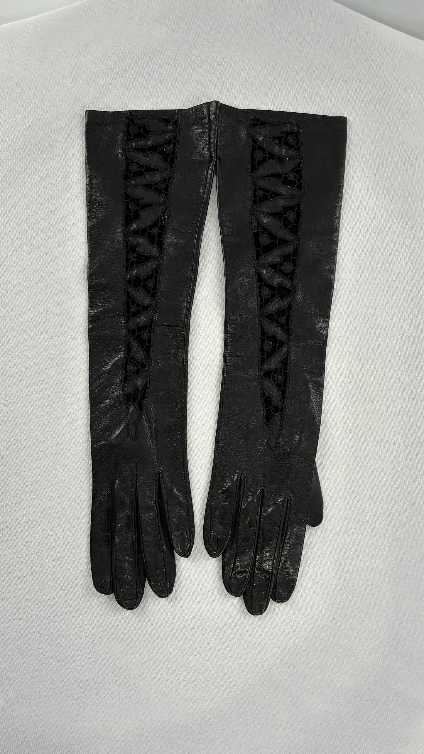 Deadstock Vintage Black Soft Leather Gloves with Lace Detail