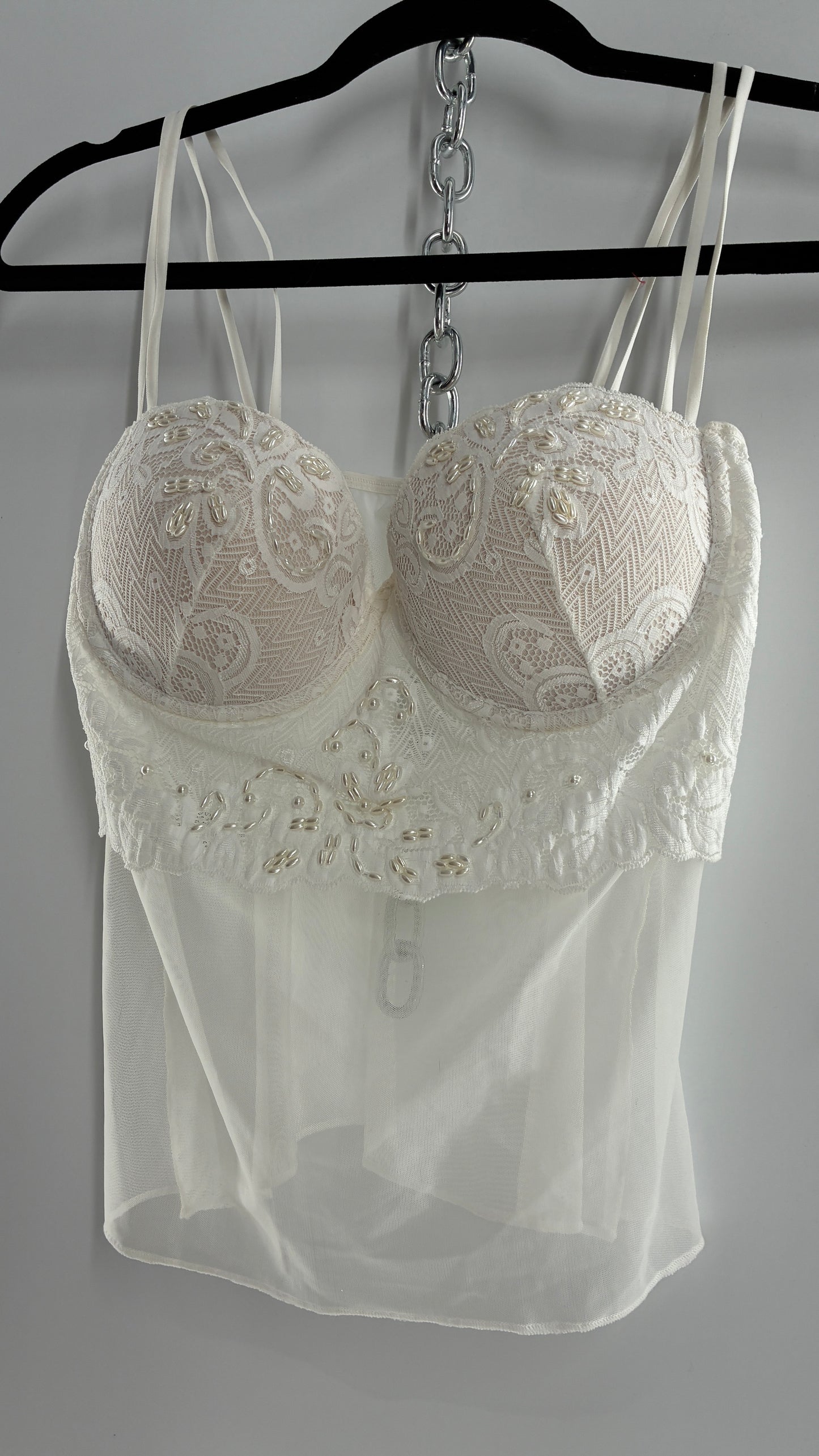 Vintage LA FRESCA White Lace Bustier Babydoll with Mesh Bodice and Beaded Cups/Band (Large)