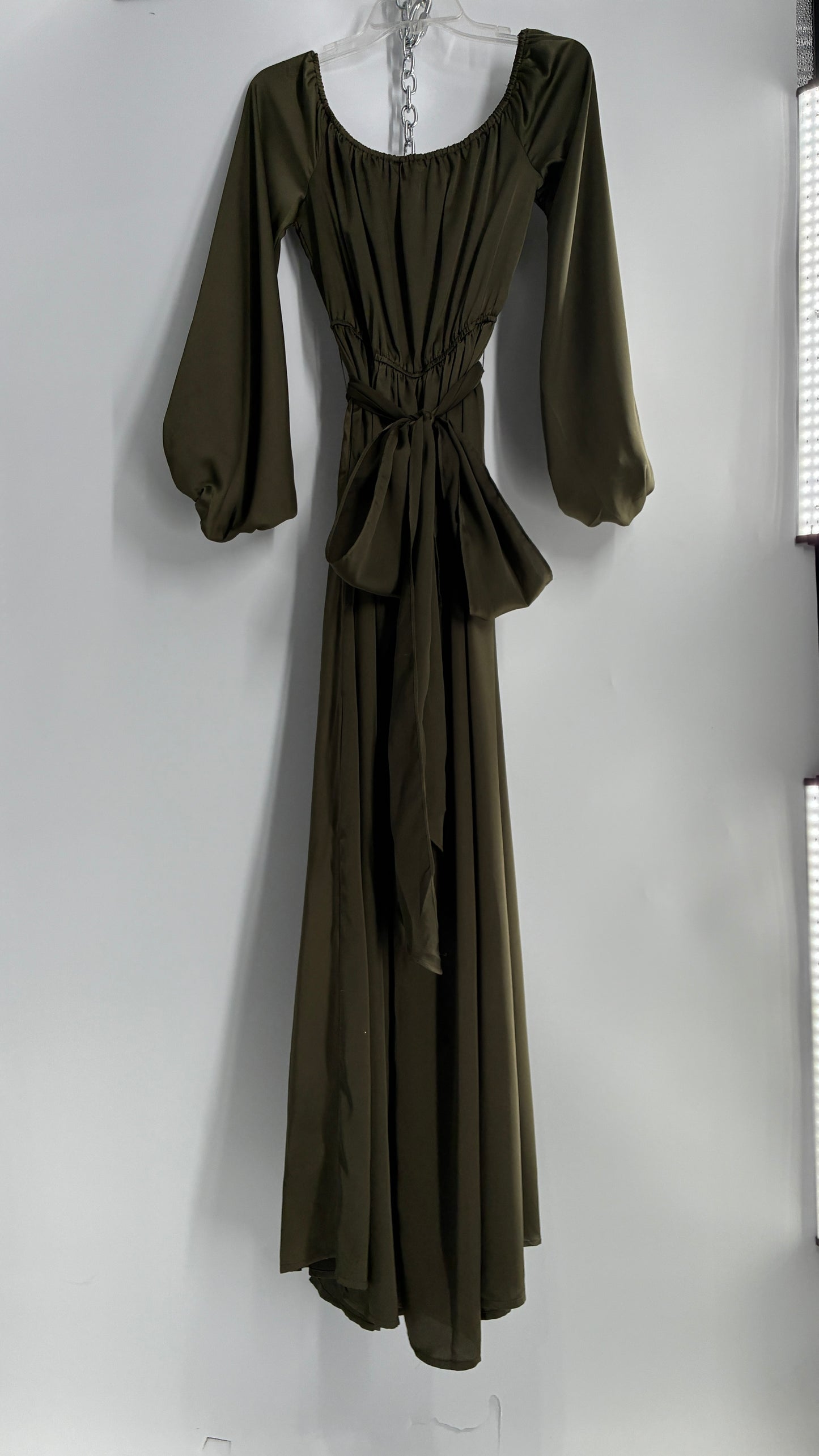 Dress Day Army Green Silky Balloon Sleeve Full Length Gown with Slit and Tags Attached (Medium)