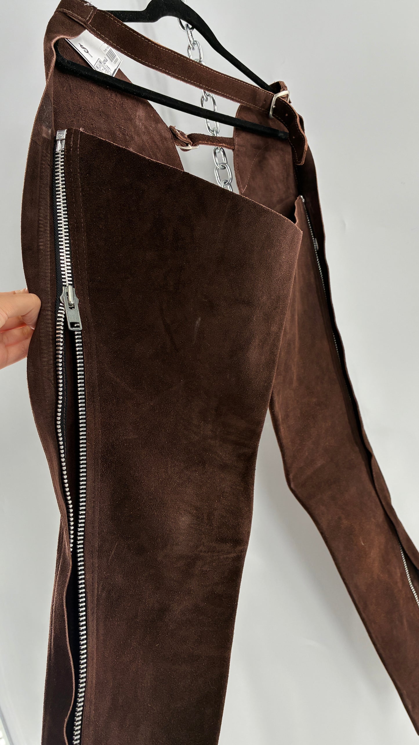 Vintage Chocolate Brown Genuine Suede Leather Chaps with Heavy Duty Side Zipper Detail (XS)