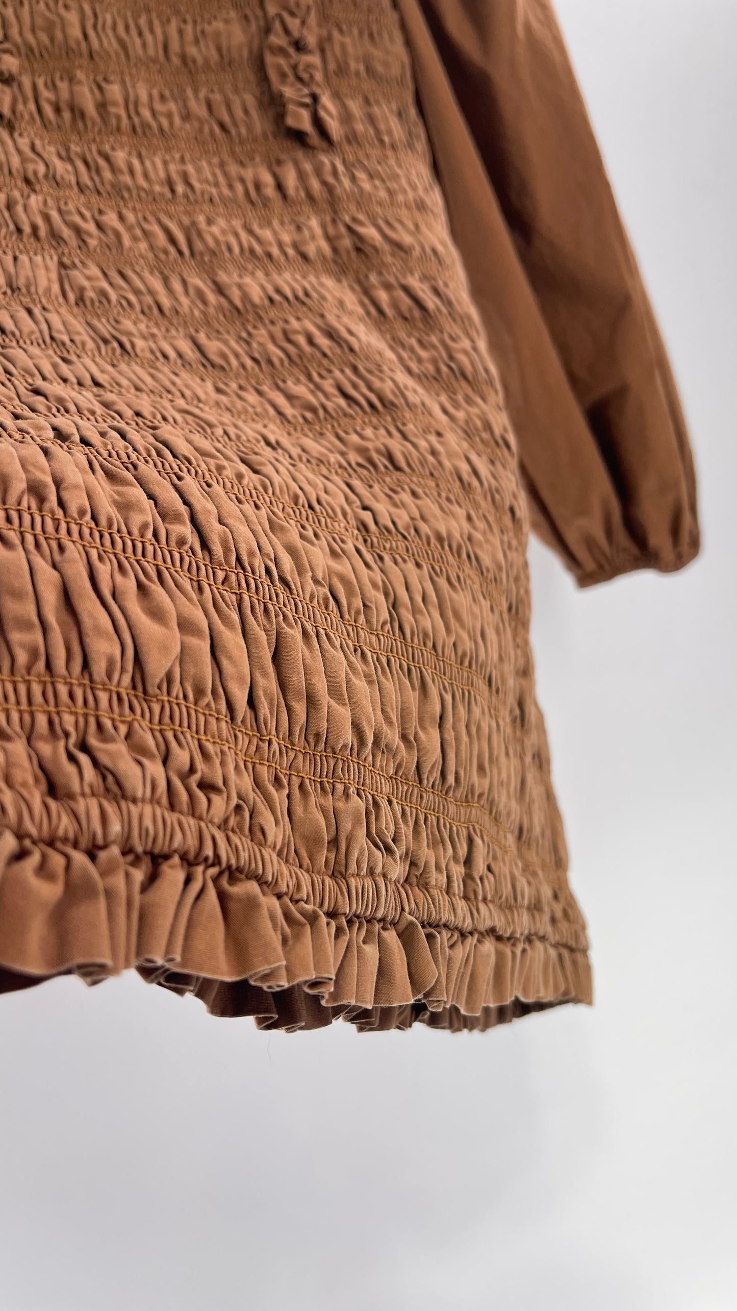 Endless Rose Anthropologie Brown Smocked Ruffle Front Puff Sleeve Mini Dress (Medium)
