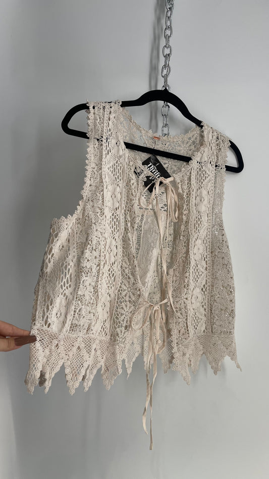 Free People Off White Lace Crochet Vest/ Tie Bust Sleeveless Top (Medium)
