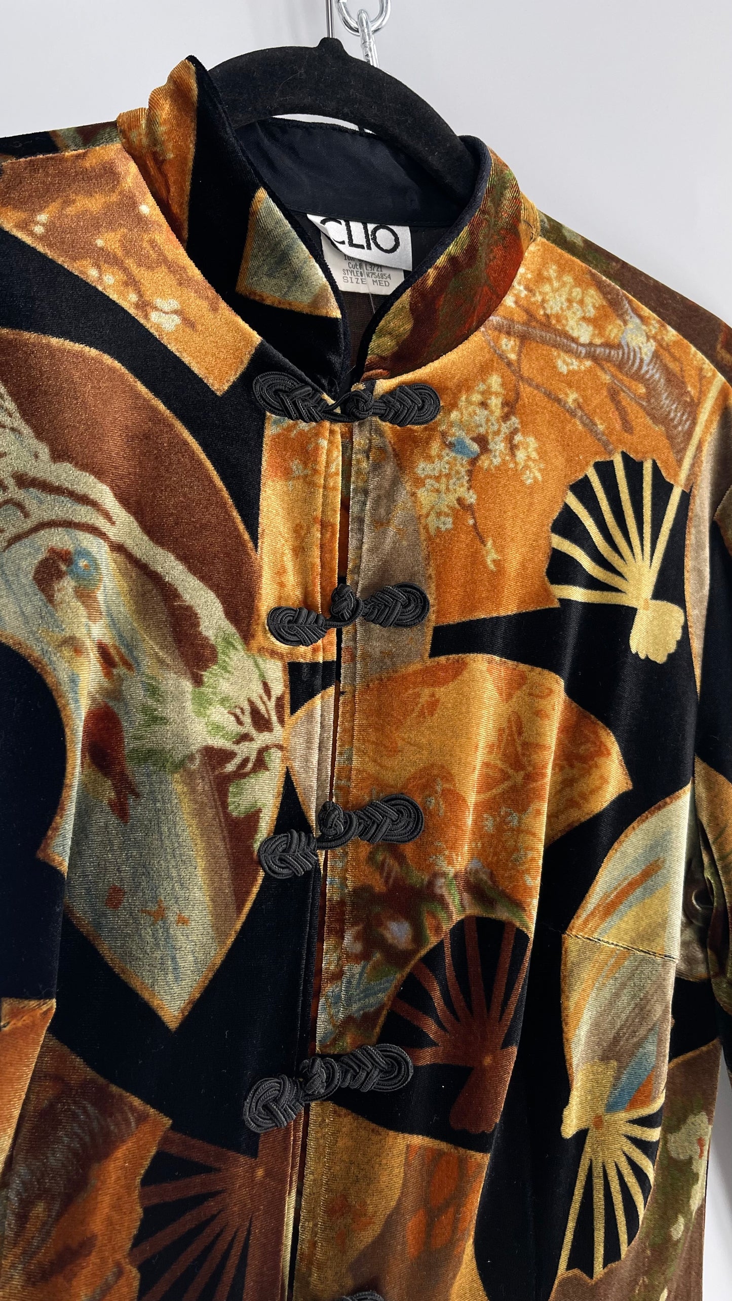 Vintage CLIO 1990s Black Velvet/Velour Fan Patterned Duster Coat (Medium)