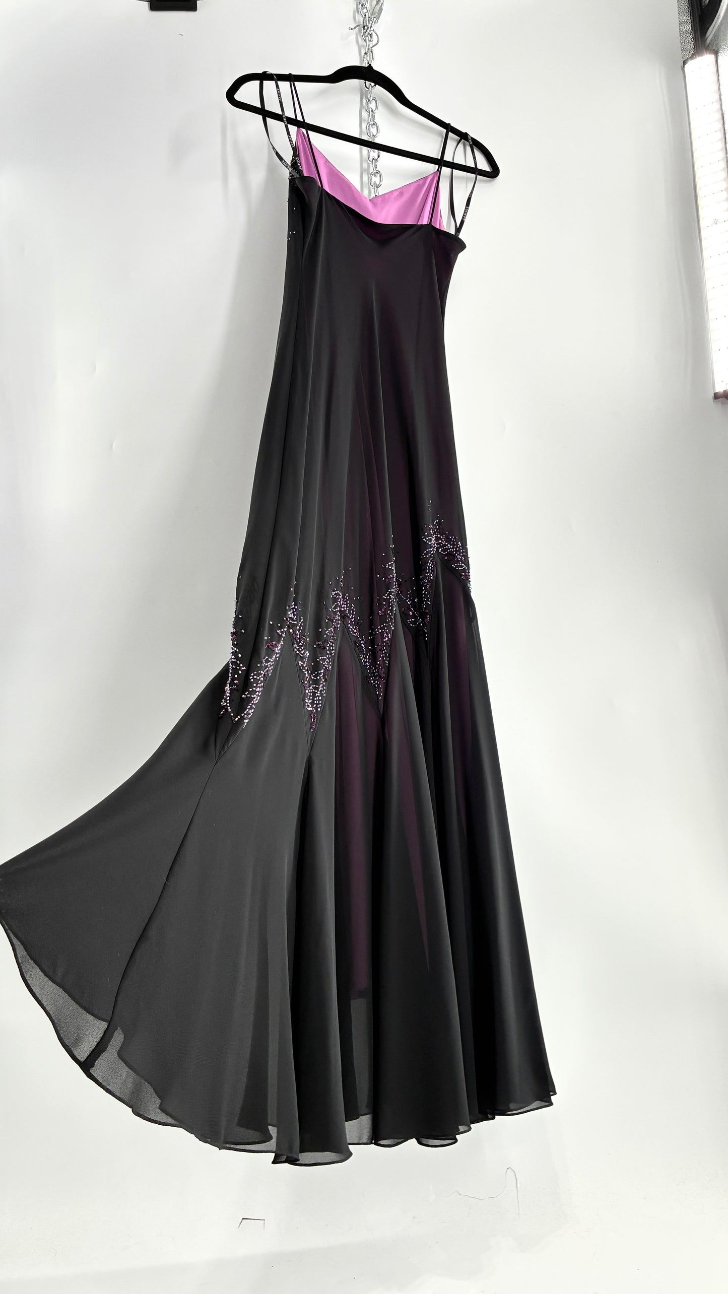 Vintage XSCAPE Full Length Black Beaded Gown with Purple Underlay (4)