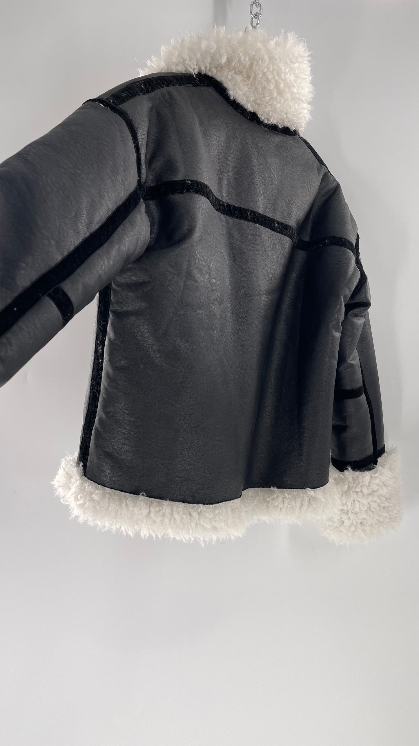LIONESS Phoenix Jacket Black Faux Leather White Fur Trim (Large)