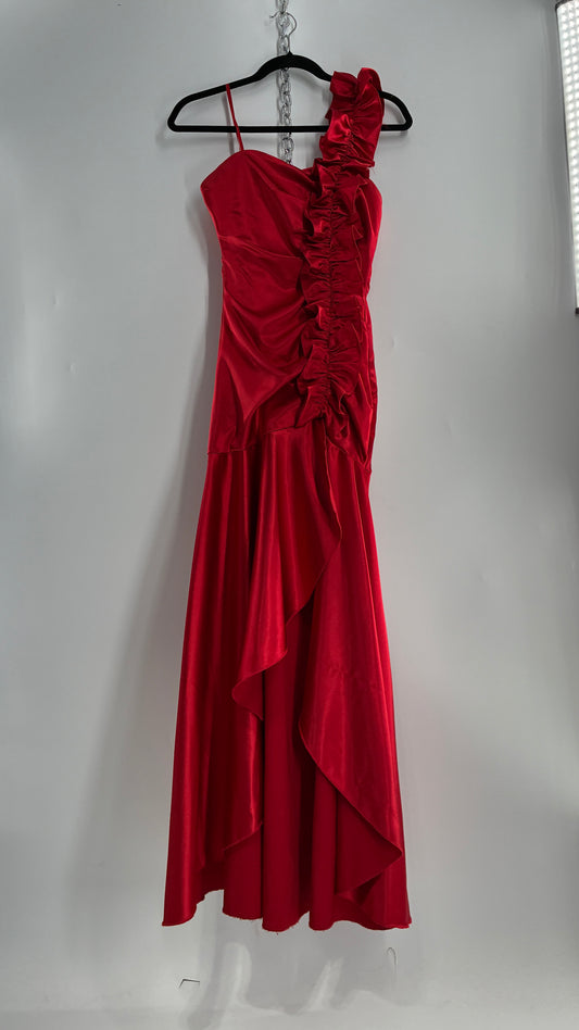 Vintage Ruby Rox Red Full Length One Shoulder Ruched Gown (3)