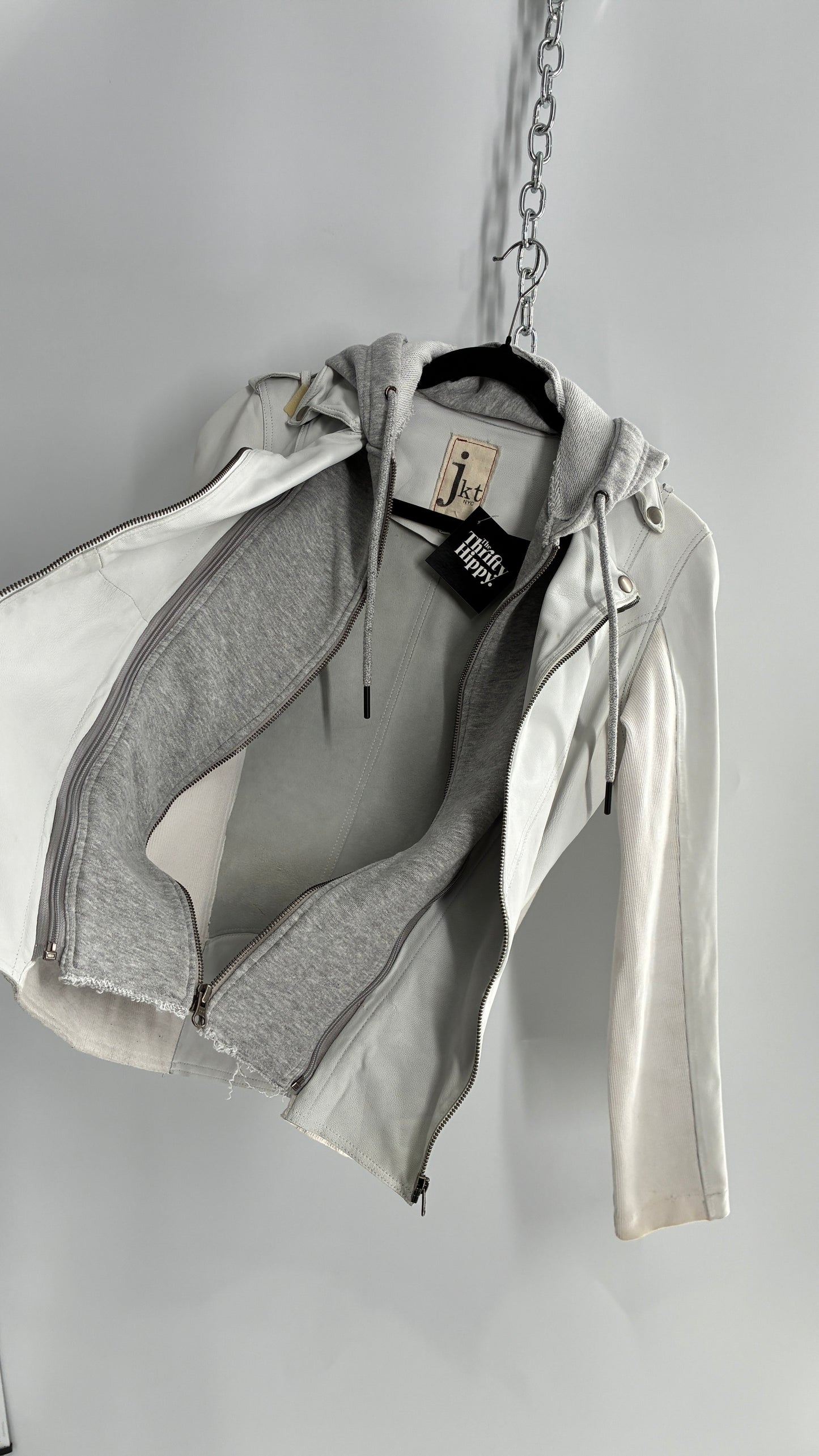 Jakett White Molly Burnished White Genuine Leather Double Layer Moto Jacket with Removable Grey Hoodie Insert (XS)