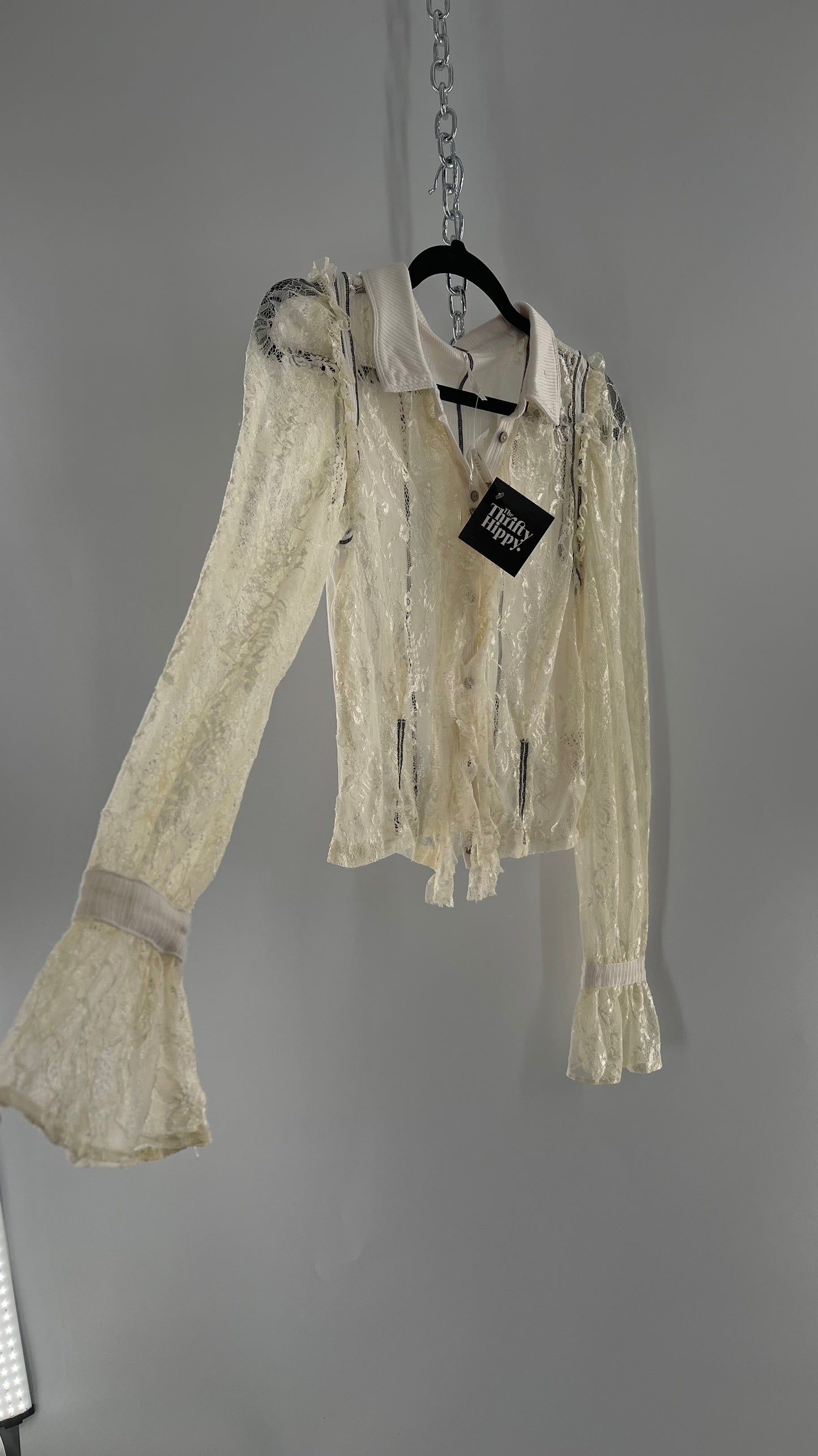 Free People White Lace/Ribbed BodyCon Button Up with Tags Attached (Large)