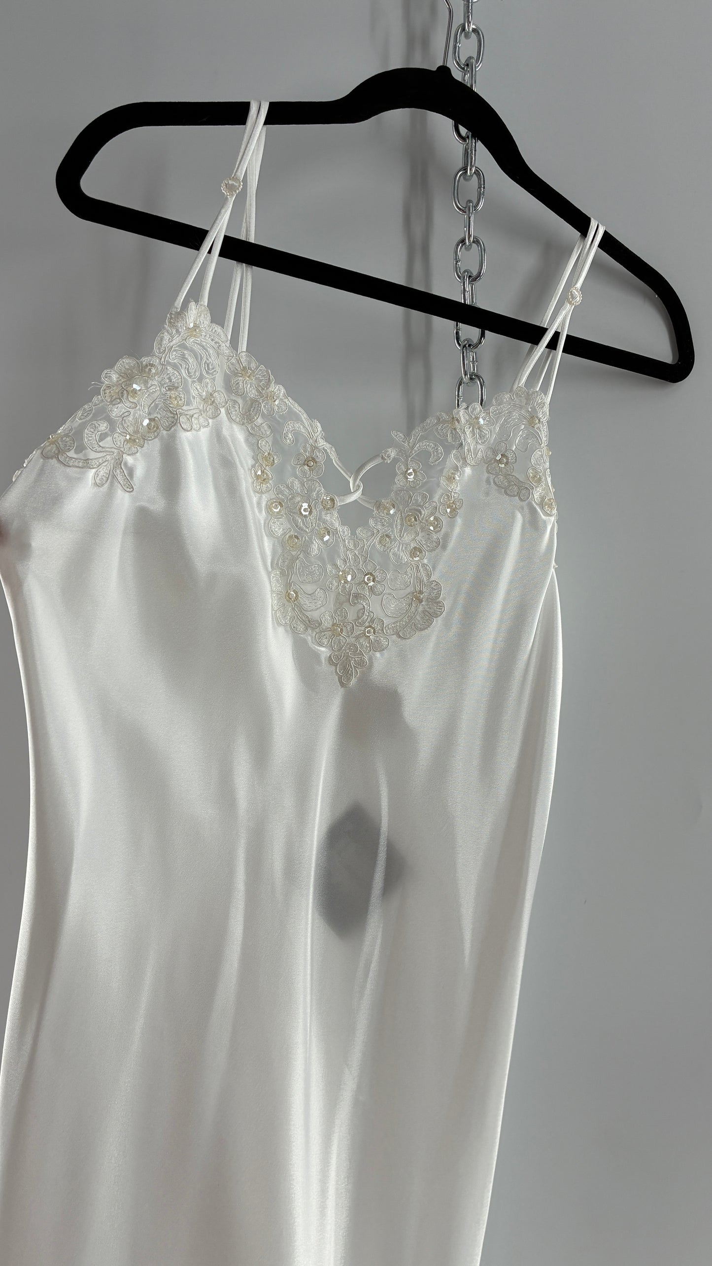 Vintage California Dynasty White Glossy, Silky Night Gown Style Dress with Sequined Lace Bustline (Small)