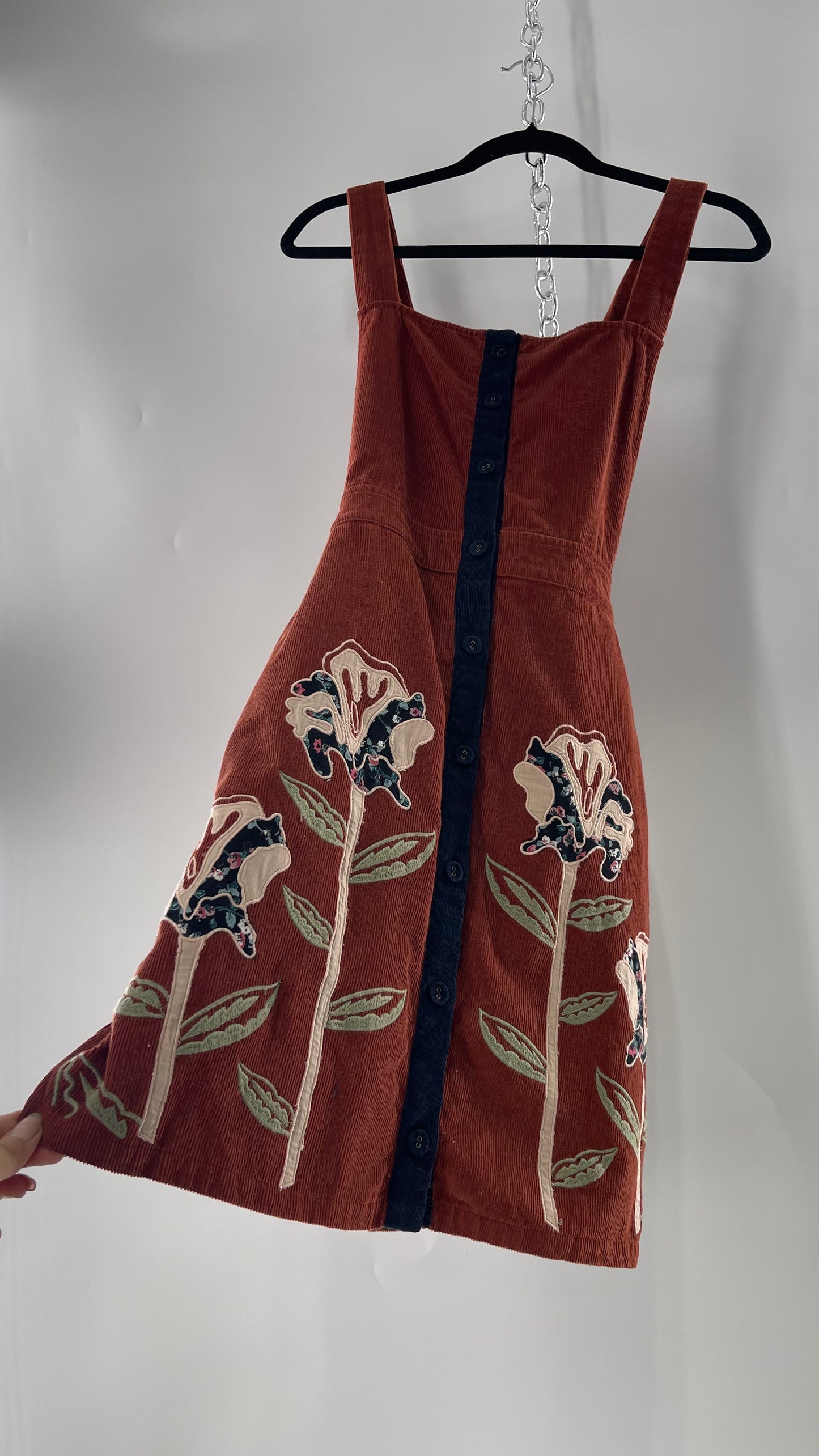 Seen. Worn. Kept. Anthropologie Terracotta Burnt Orange Corduroy Overall Dress with Embroidered Flower Details (S)