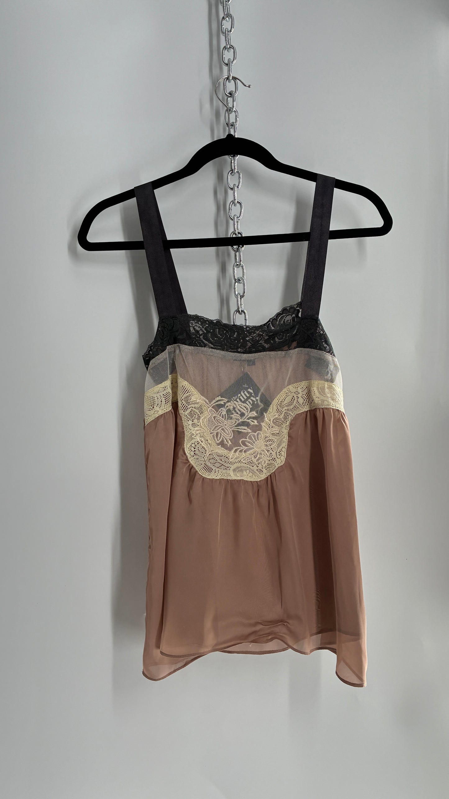 Vintage Milau Silky Camisole Top with Ribbon Straps and Sheer Mesh Paneling (Small)