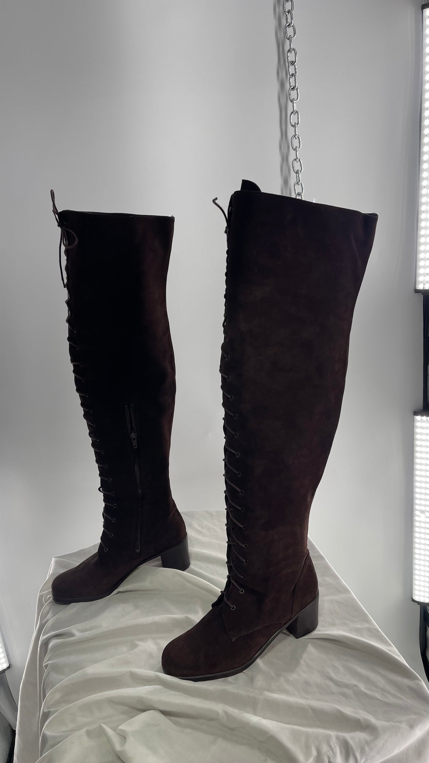 Vintage Kenneth Cole Over the Knee Brown Genuine Suede Leather Combat Boots (8.5)
