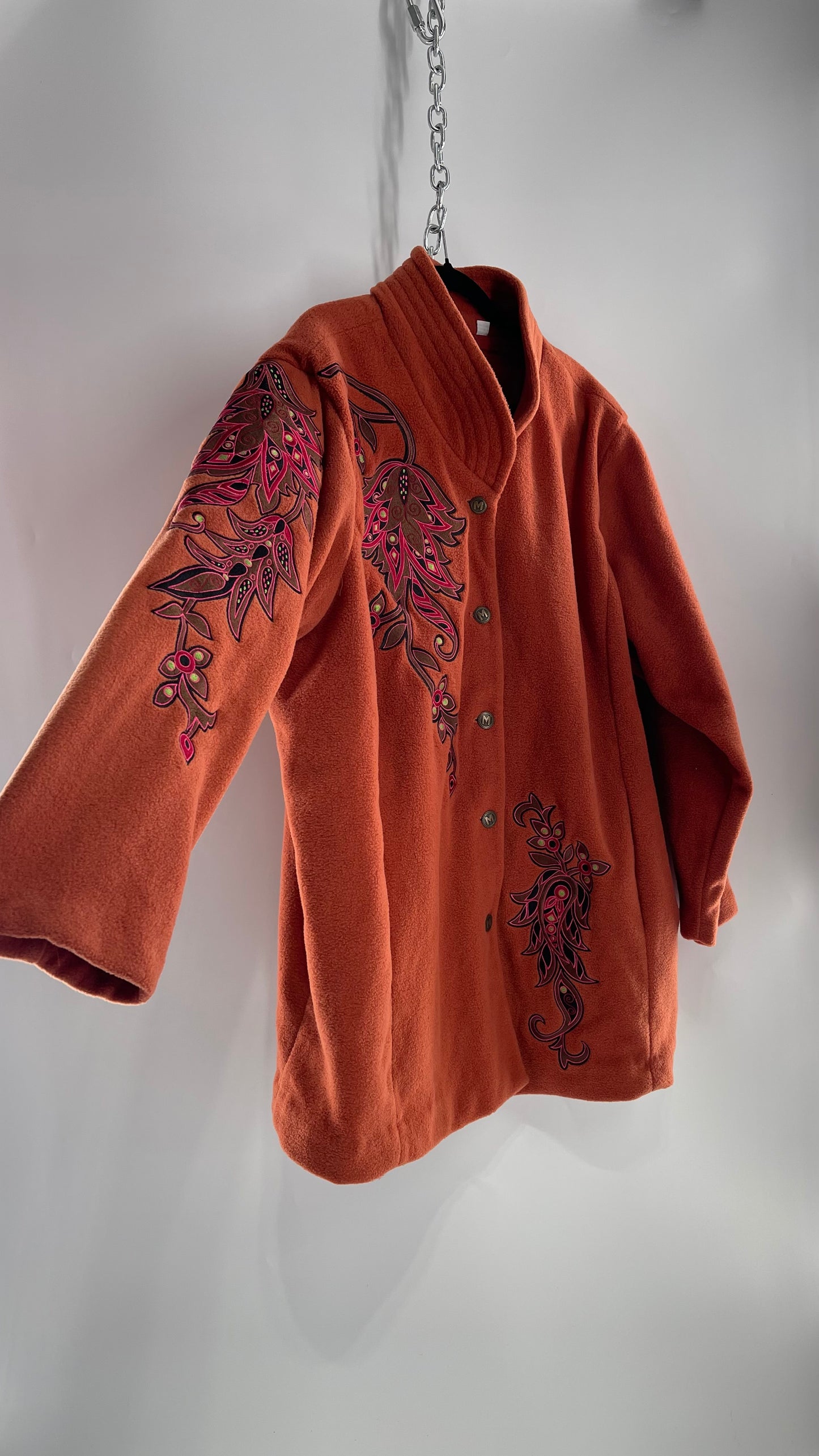 Deadstock Vintage Bob Mackie Orange Coat with Embroidered Sleeves and Body, Embossed Buttons and Tags Attached (XXXL)