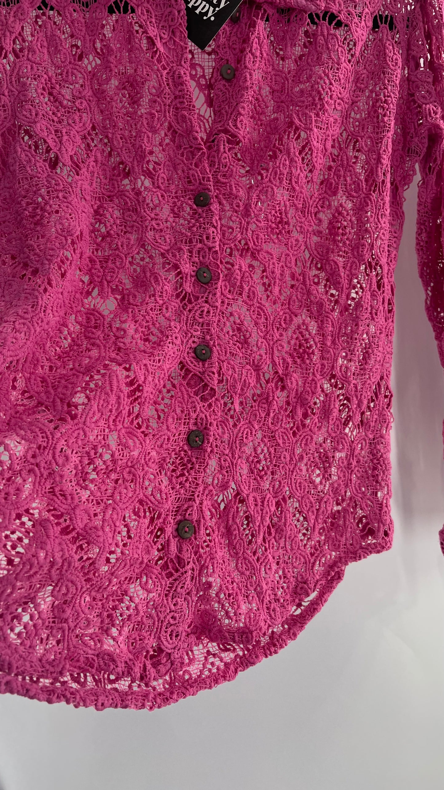 Free People Until Sunday Fuchsia Purple/ Pink Thick Lace Button Front Blouse with Coconut Buttons (XS)