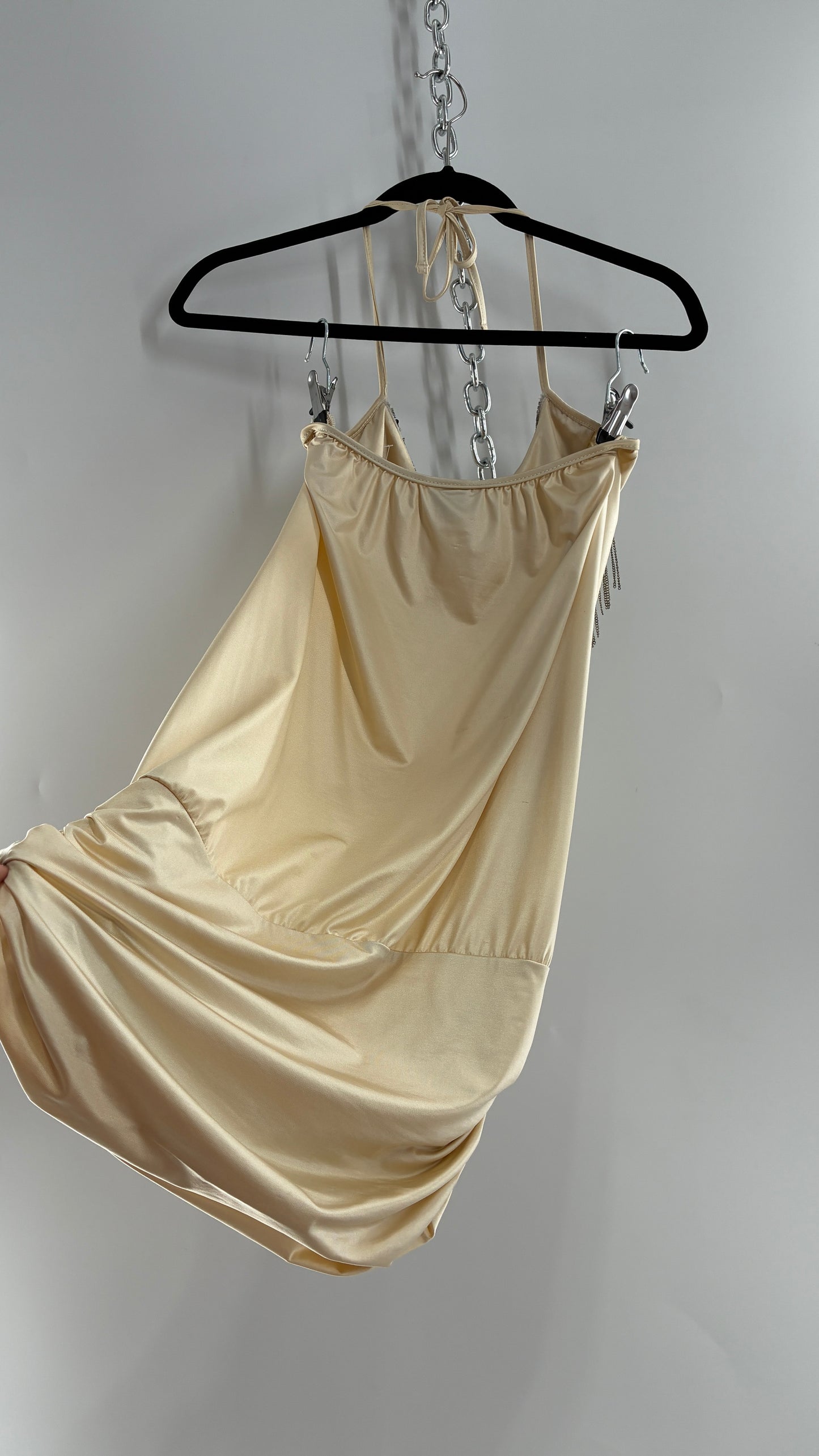 Beach Bunny Ivory Lycra Balloon Hem Mini Dress with Exaggerated, Beaded and Metal Chain Neckline (Small)