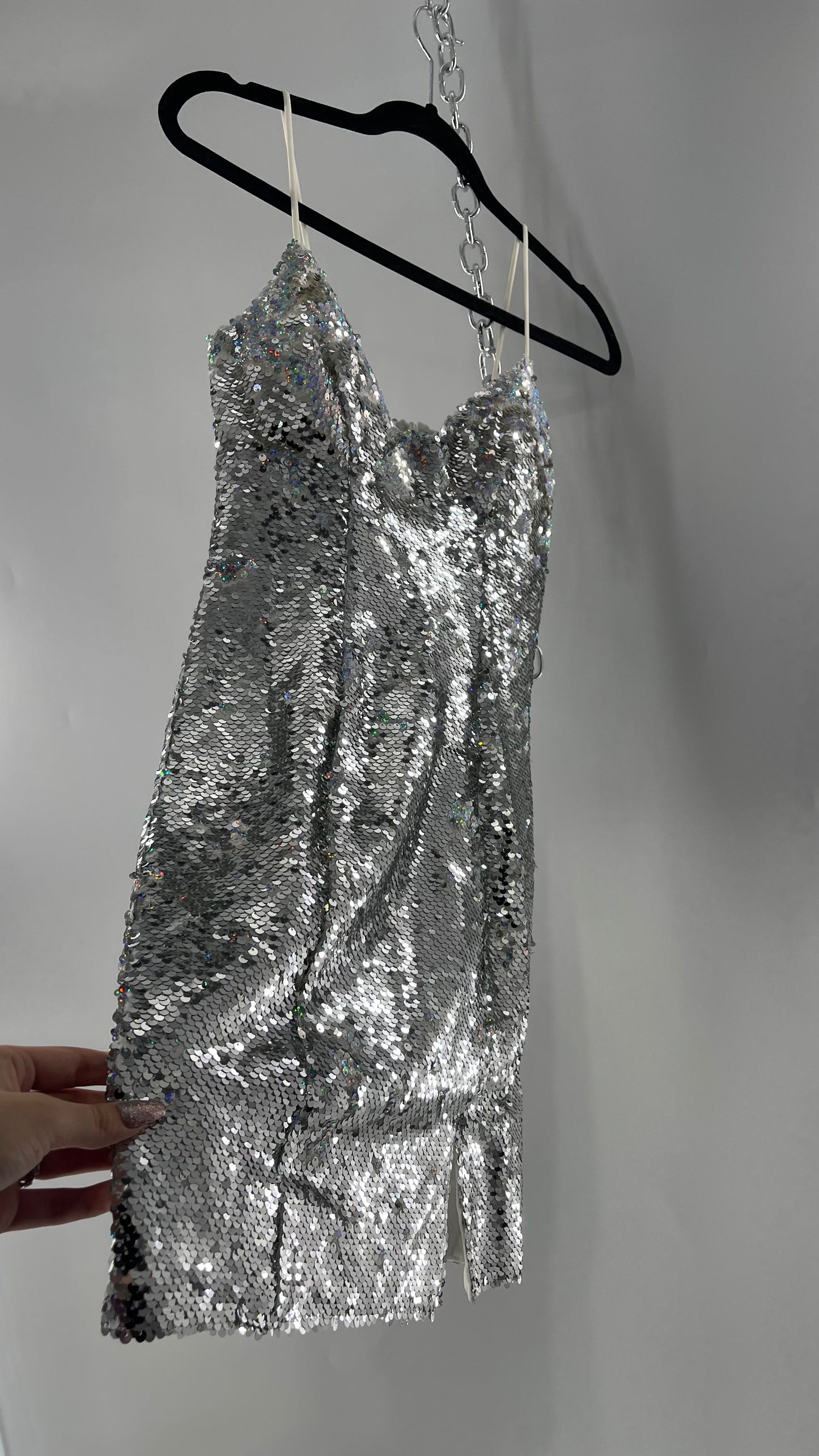 Princess Polly Silver Iridescent Sequin Mini Dress with Triangle Cups and Thigh Slit (0)
