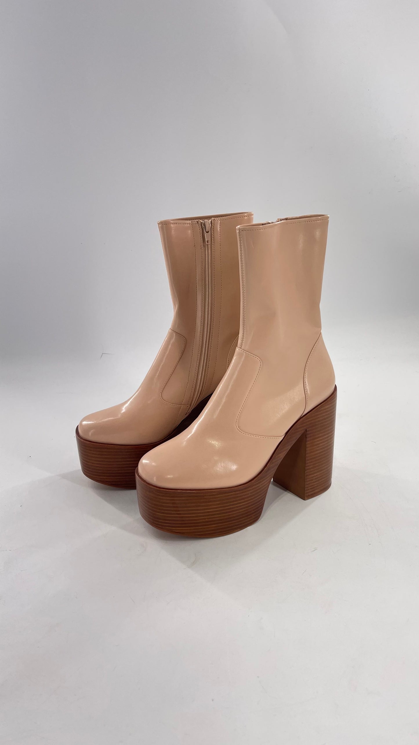 Free People X Jeffrey Campbell Mexique GoGo Boots • Beige Patent Boot with Wood Grain Chunky Block Heel and Platform (9)