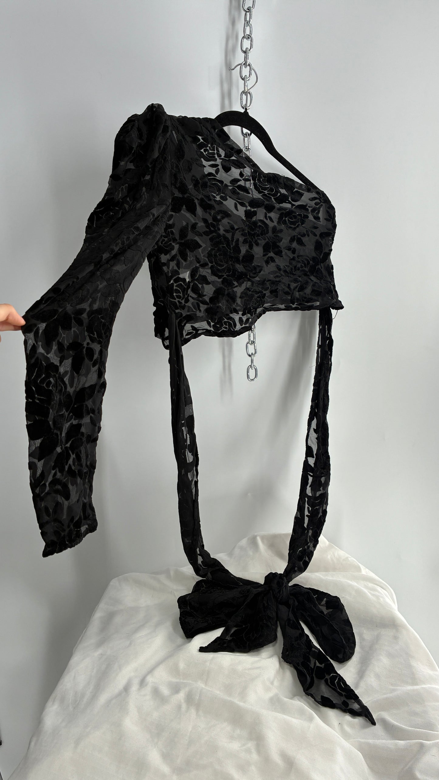LIONESS Black Sheer Velvet Burn Out One Sleeve Tie Waist Blouse (XS)
