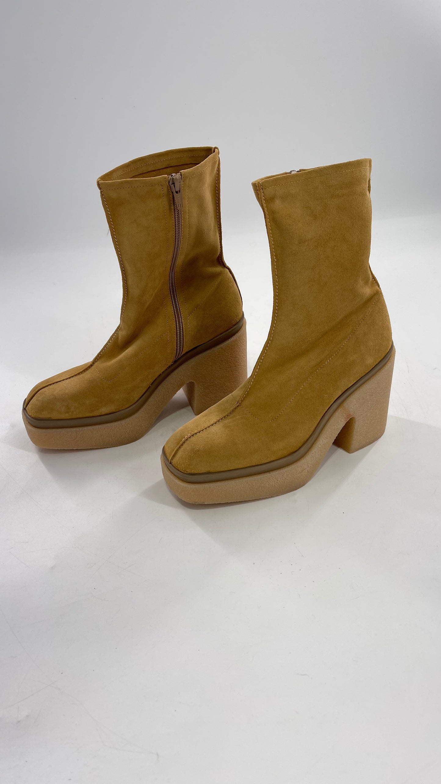 Free People Gigi Tan Suede Ankle Boots with Platform and Chunky Rubber Heel (38.5)