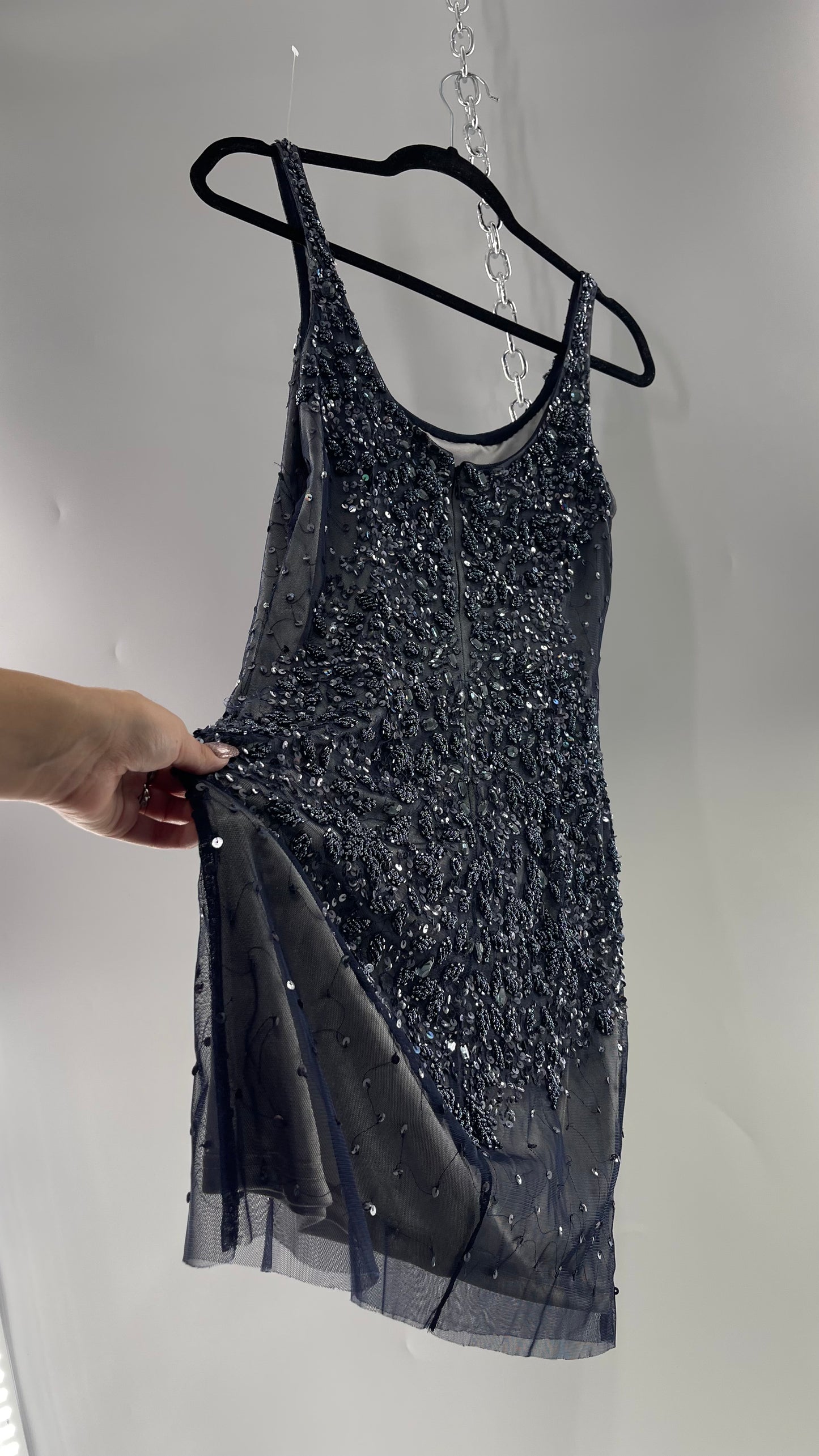 Vintage Cache Moonlight Grey/Navy Blue Tunic Mini Dress with Accentuating Placement of Beads, Sequins and Embroidery Details (2)