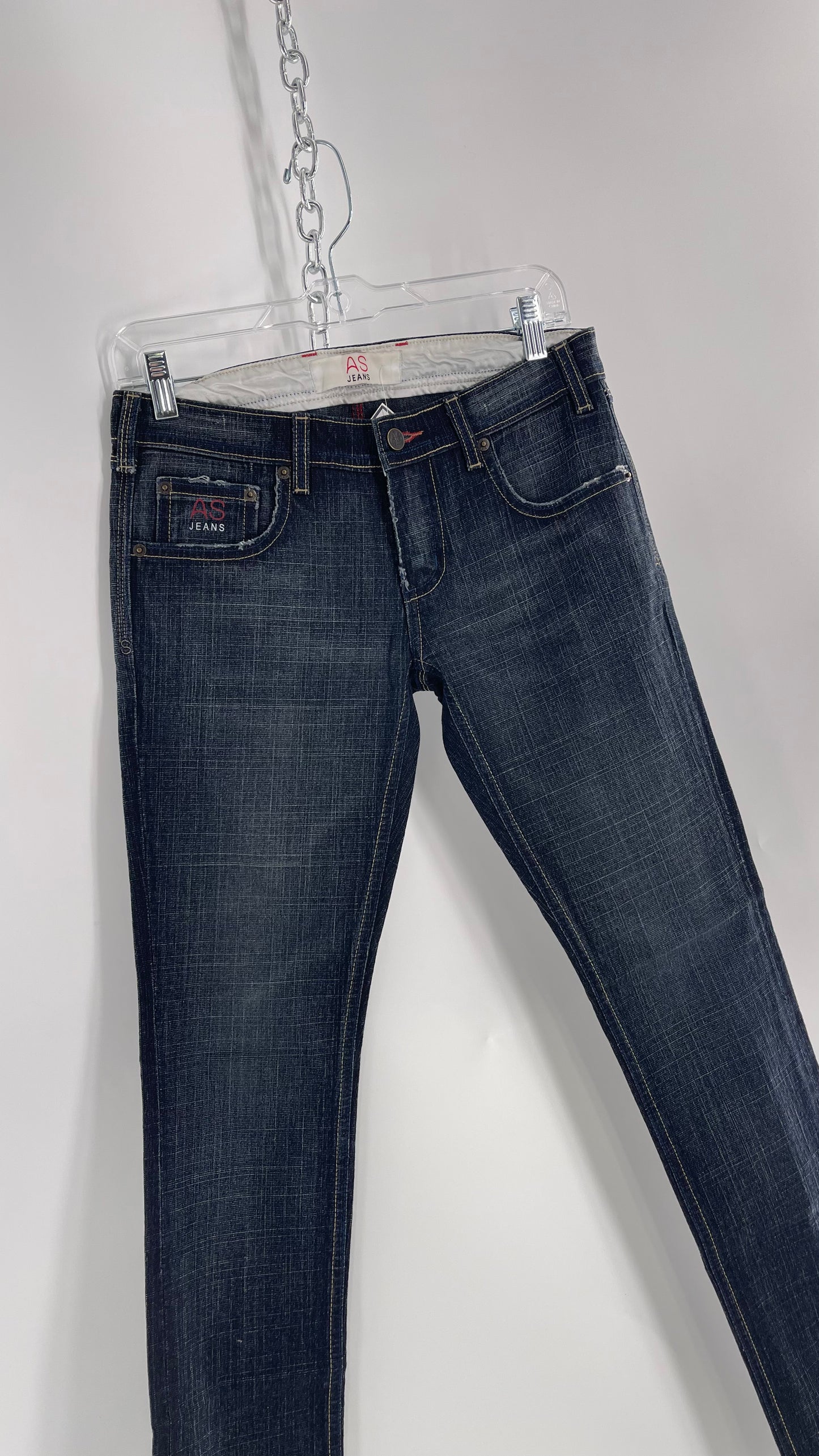 Vintage Smart AS JEANS Dark Wash with Grain and Embroidered/Embellished Kiss Rock Logo (28)