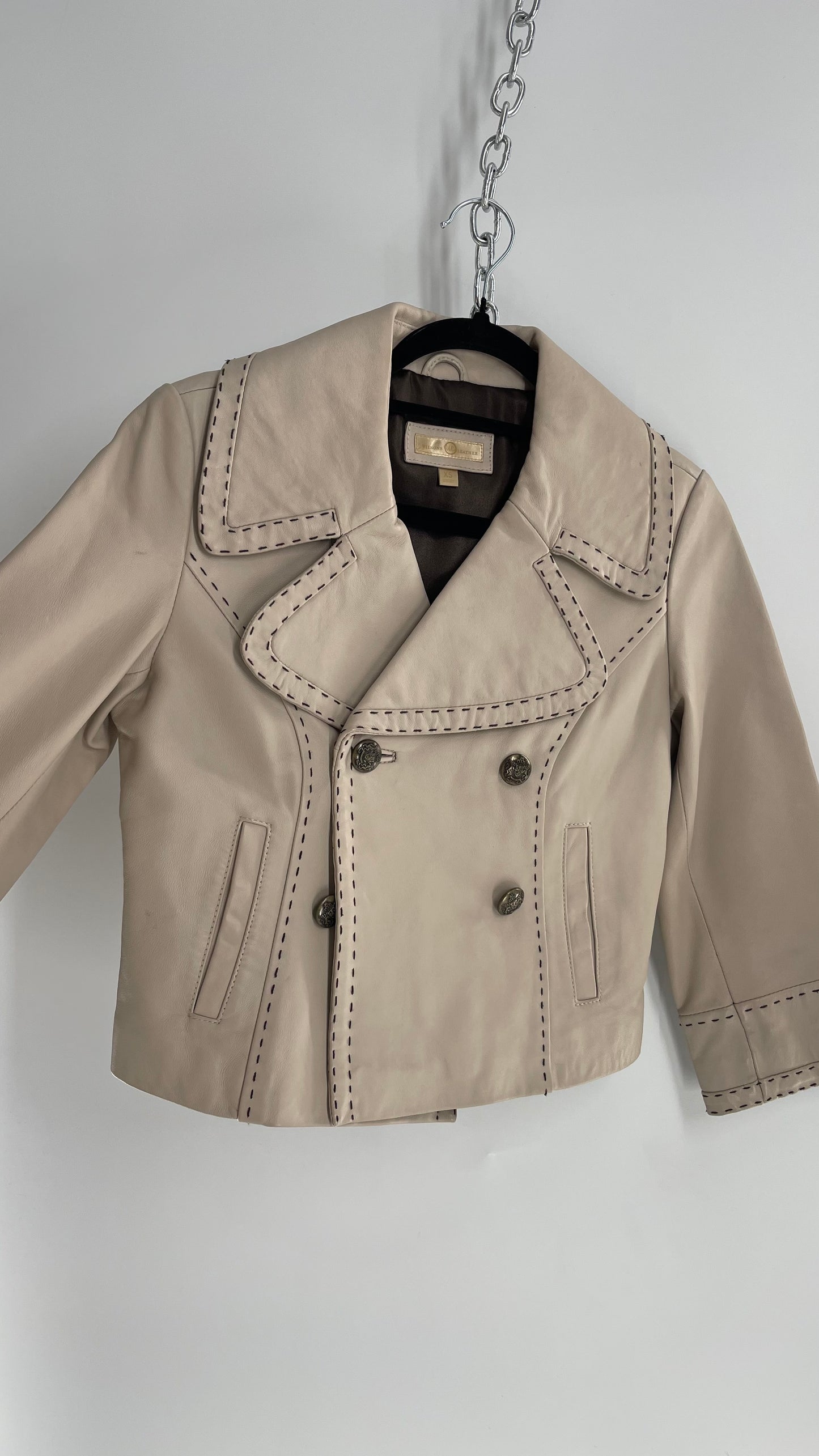 Vintage 1990s Wilsons Leather Beige Short Jacket with Exaggerated Collar, Embossed Buttons and Contrast Stitching (XS)