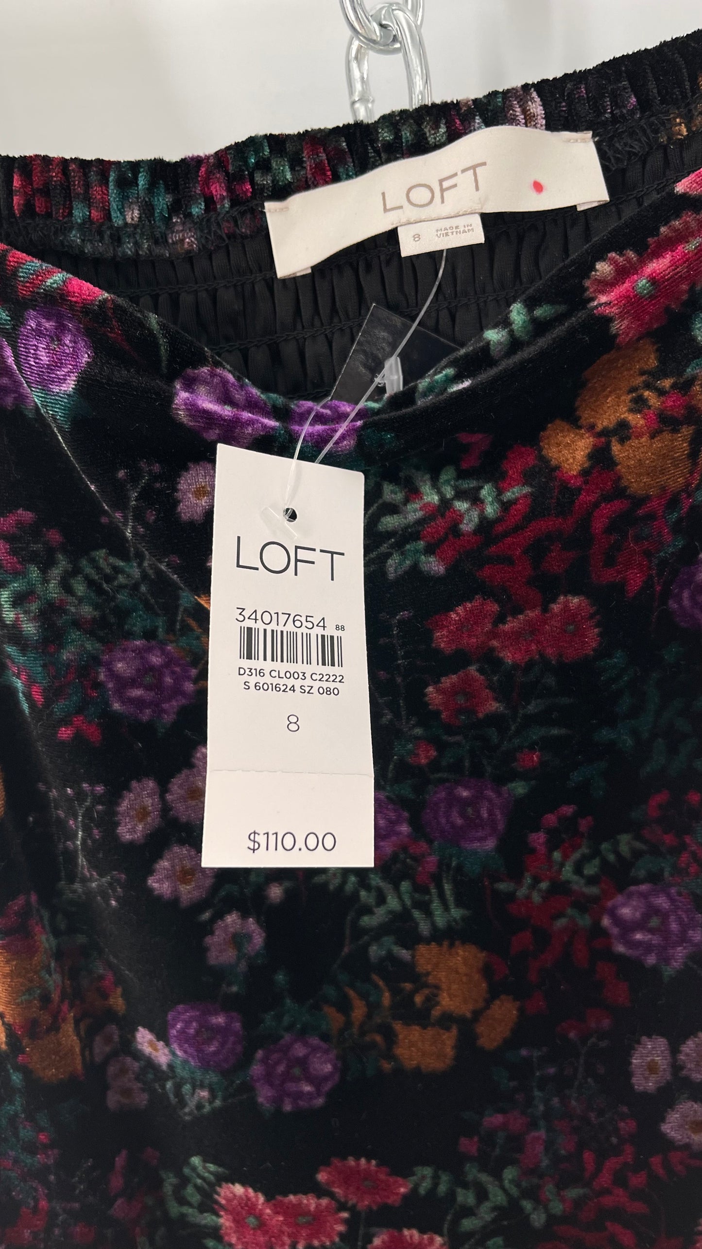 LOFT Velvet Dark Floral Full Length Dress with Puff Sleeves and Smocked Back with Tags Attached (8)