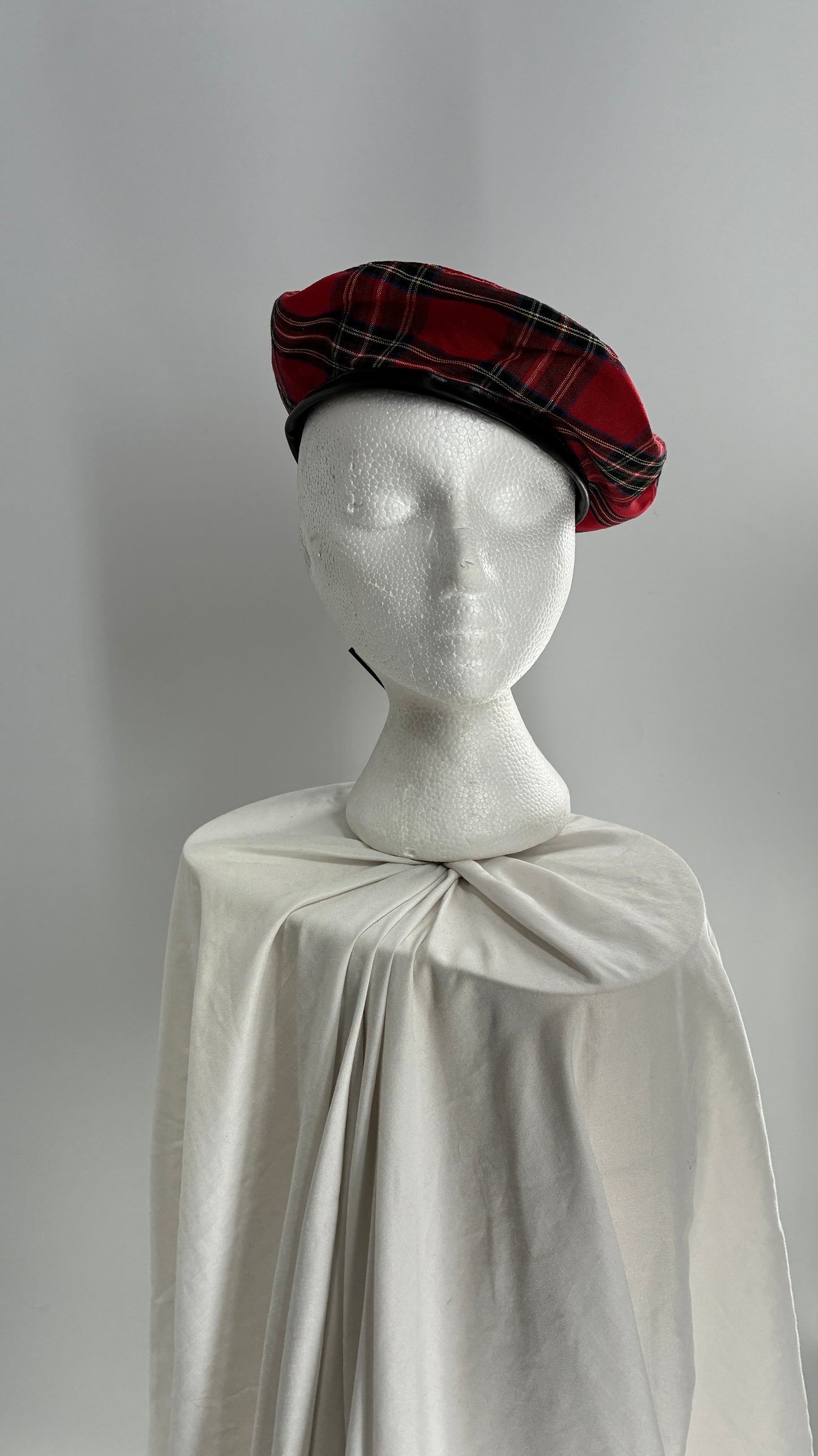 Red Plaid Beret with Vegan Leather Strap with Silver Metal Hardware