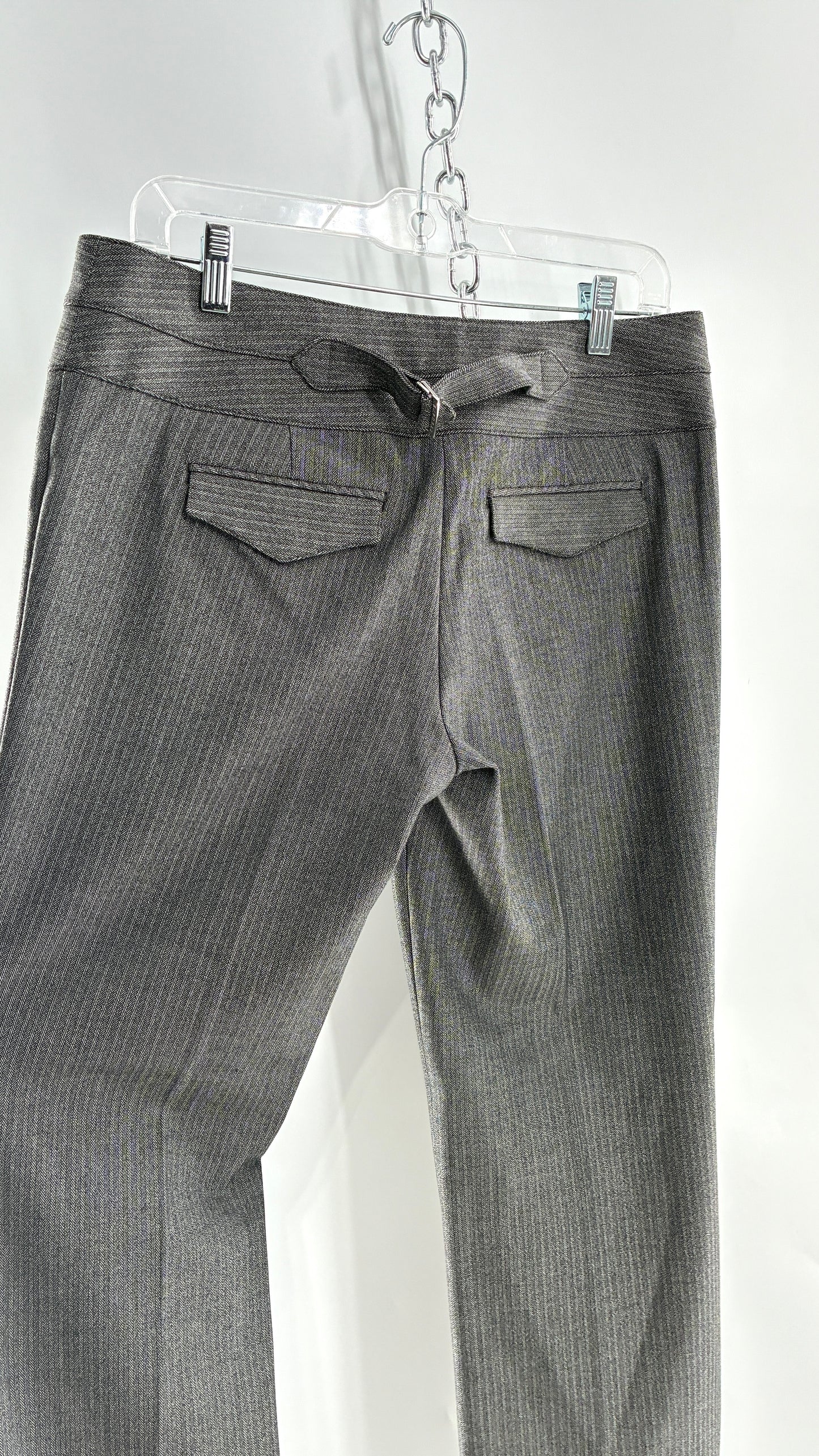 Vintage 1990s EXPRESS Editor Dark Grey Pinstripe Ultra Low Rise Thick Hip Band Kick Flares (6R)