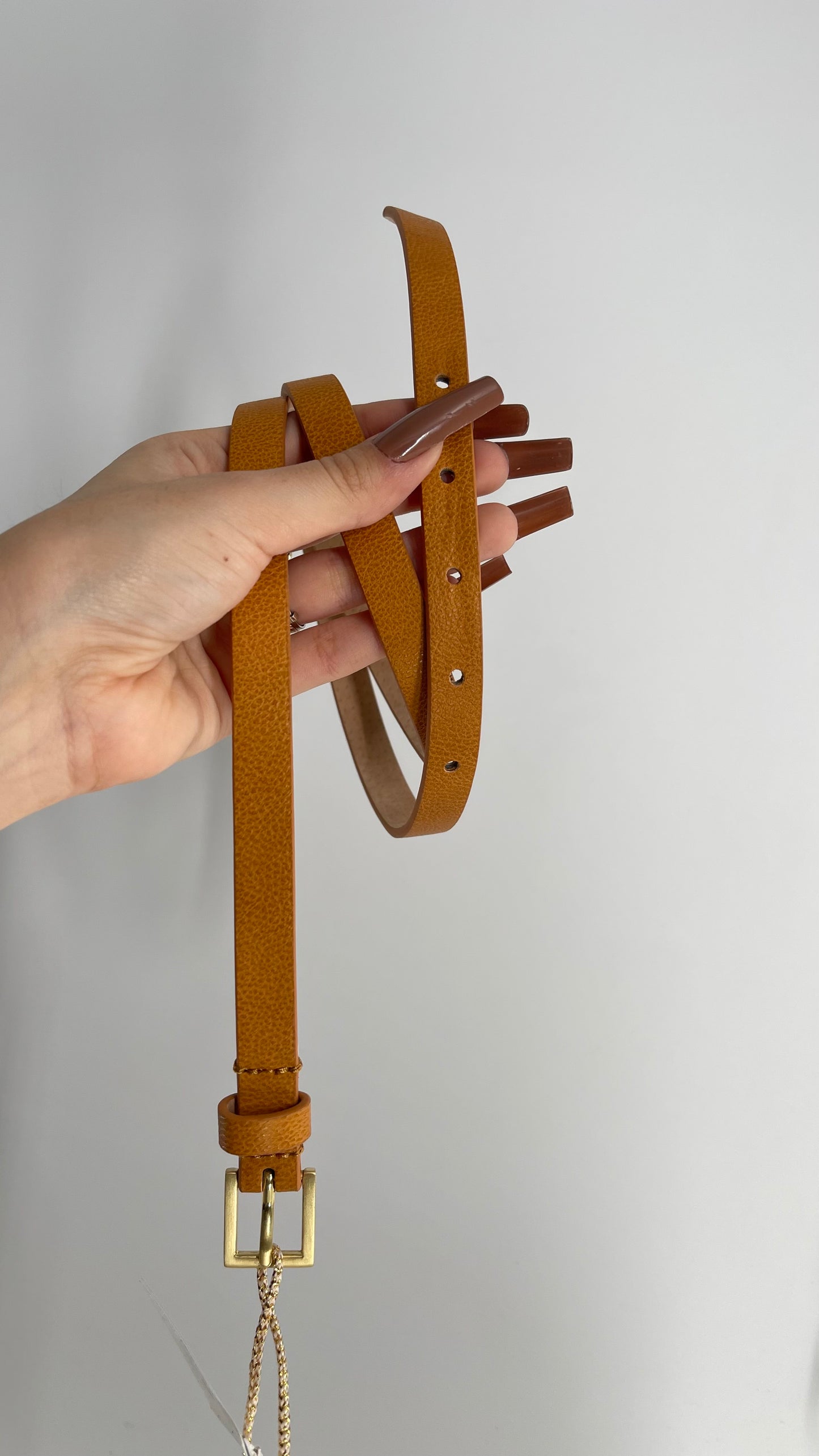 Anthropologie Genuine Leather Skinny Brown Belt with Gold Square Buckle (S/M)